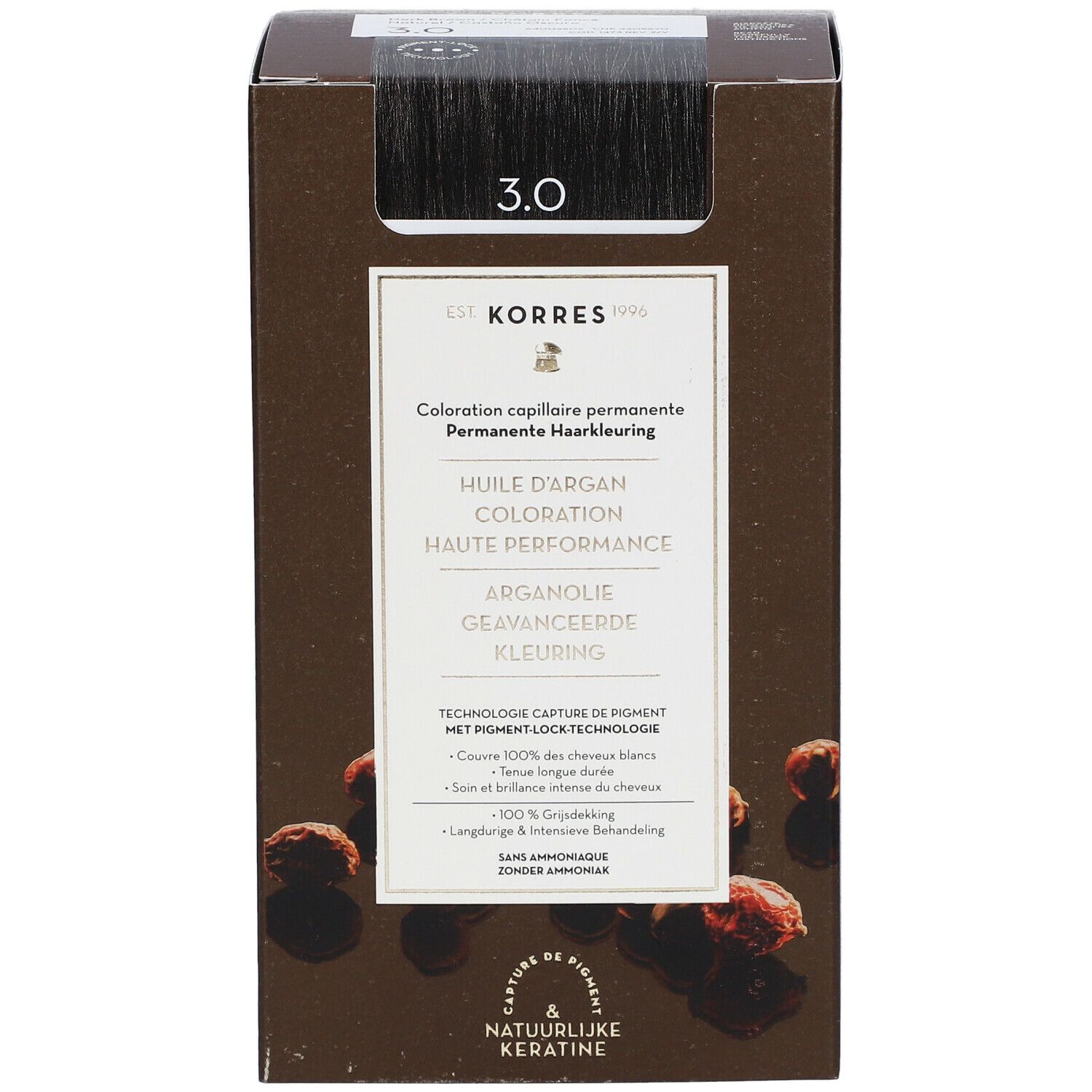 KORRES Coloration 3.0 Donkerbruin. Bruine doos met productinformatie. Opschrift: Huile d'Argan, Coloration, Haute Performance.