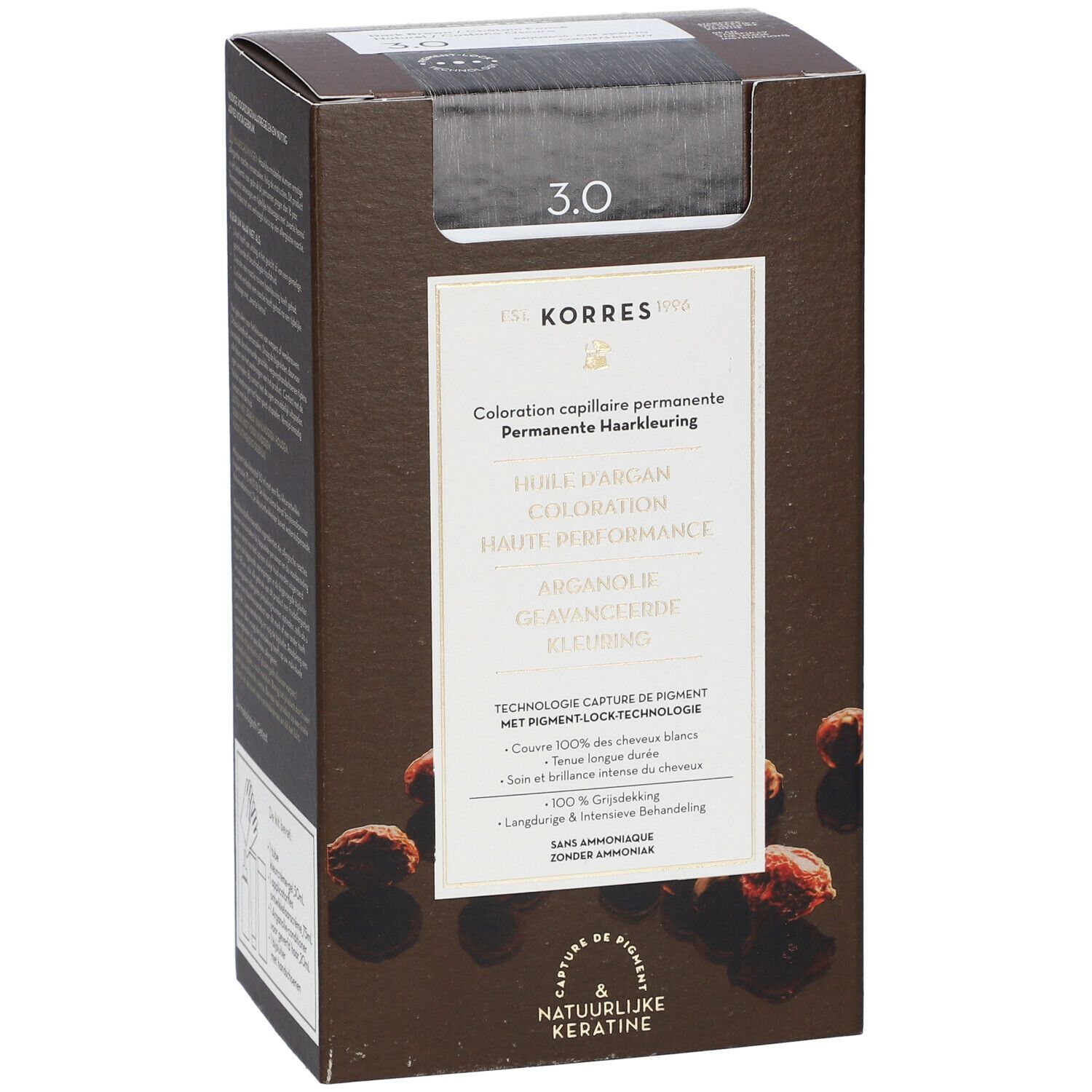 KORRES Coloration 3.0 Donkerbruin. Bruine doos met productinformatie. Opschrift: Huile d'Argan, Coloration, Haute Performance.