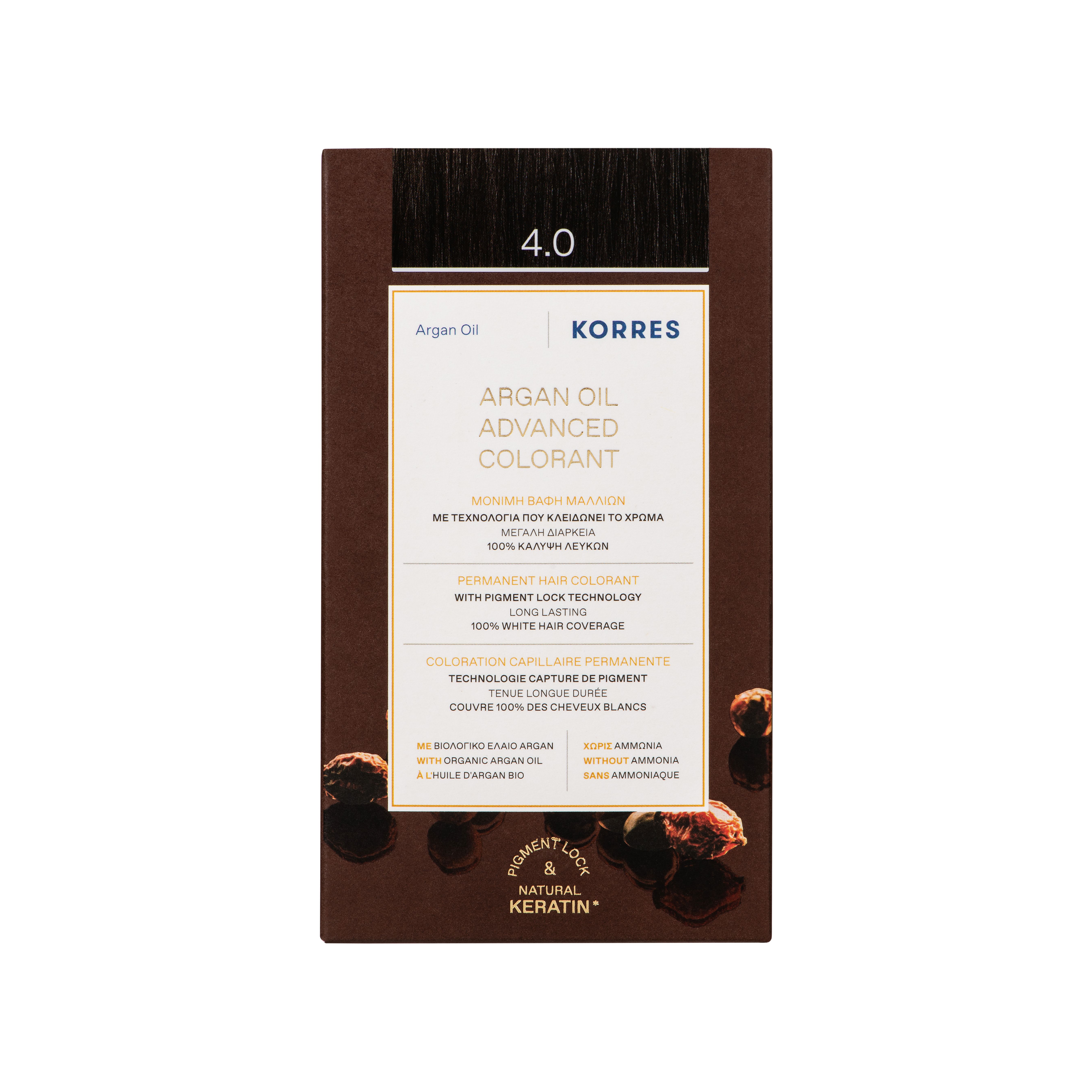Face avant de la boîte de coloration KORRES®. Inscription: Huile d'argan, coloration permanente, couverture 100% des cheveux blancs.