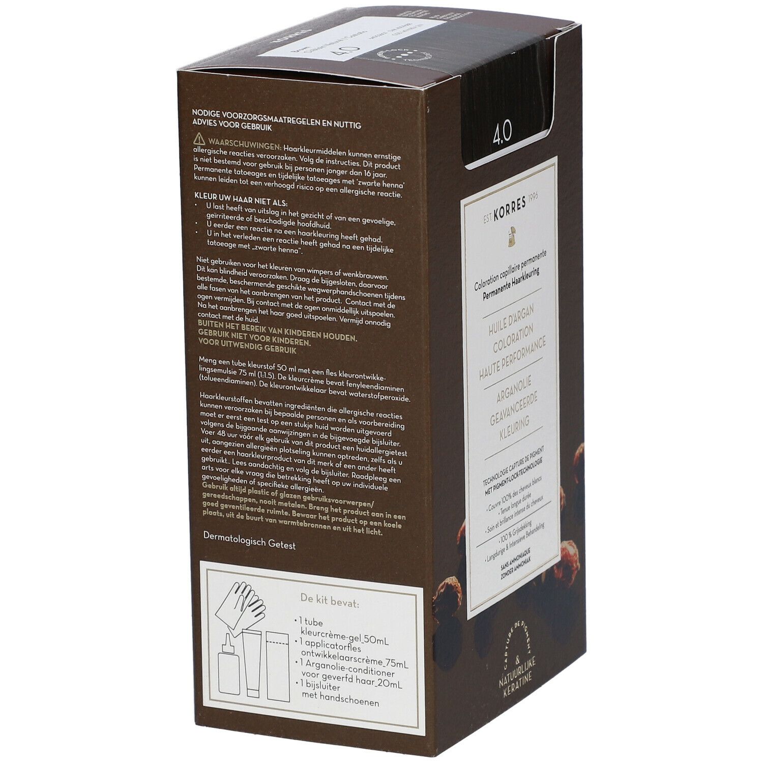 Dos de la boîte de coloration KORRES®. Contient des informations sur l'utilisation et les ingrédients. Testé dermatologiquement.