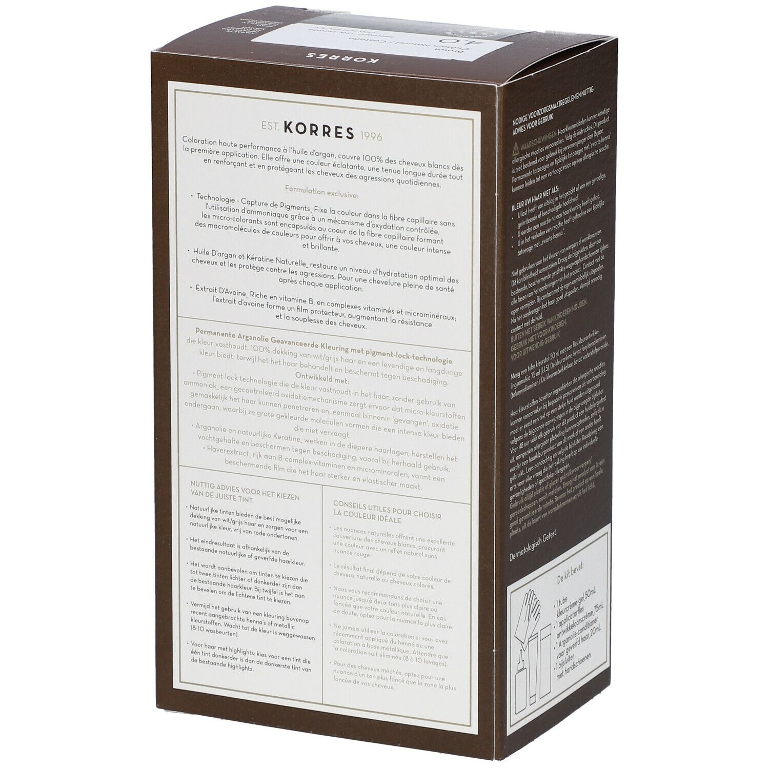 Dos de la boîte de coloration KORRES®. Contient des informations sur l'utilisation et les ingrédients. Testé dermatologiquement.