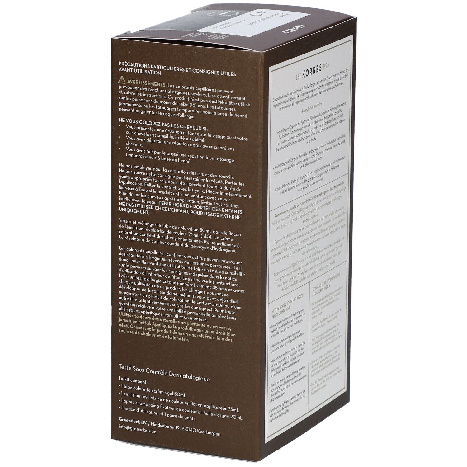 Dos de la boîte de coloration KORRES®. Contient des informations sur l'utilisation et les ingrédients. Testé dermatologiquement.
