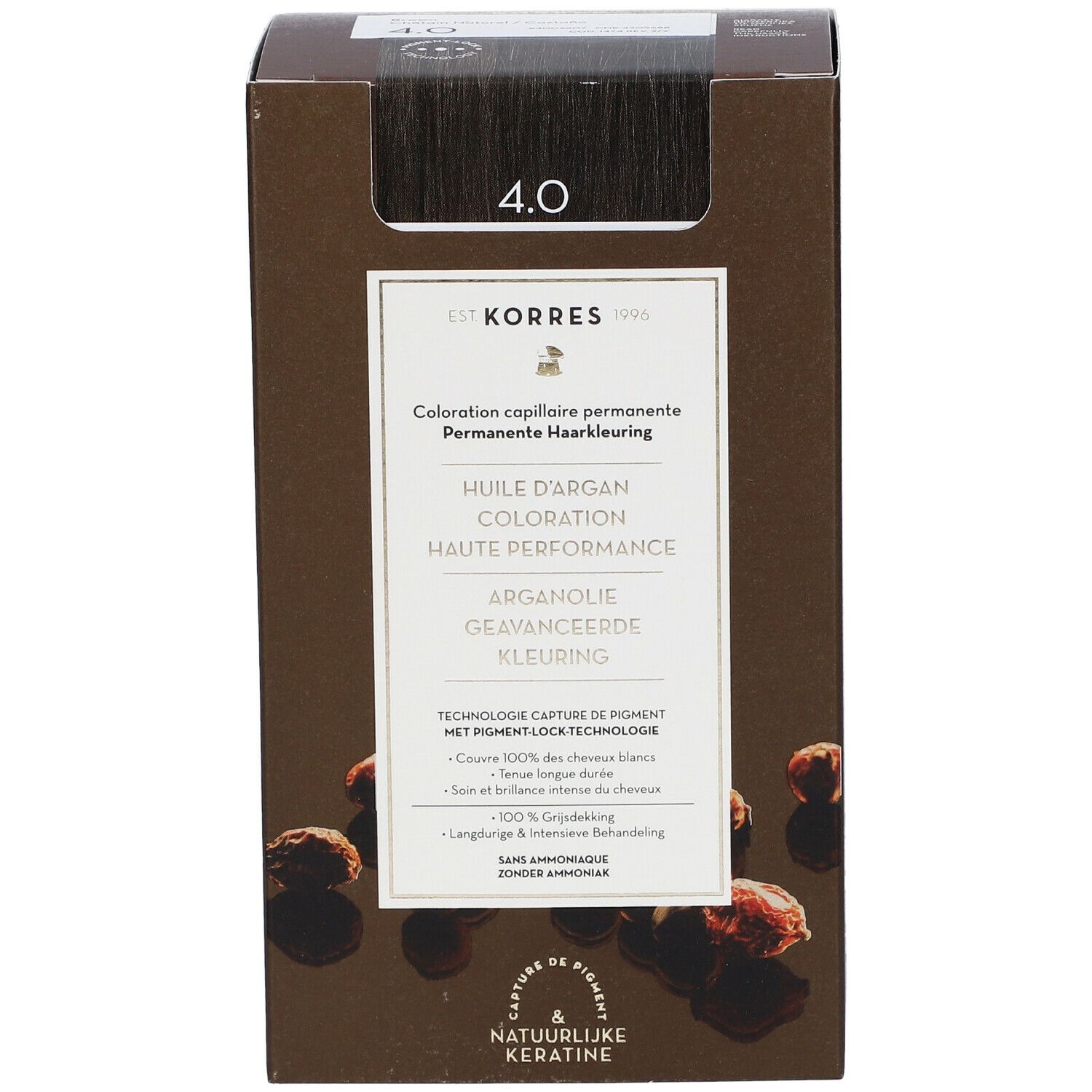 Boîte de coloration KORRES® 4.0 Châtain. Inscription: coloration permanente, huile d'argan, couverture 100% des cheveux blancs.