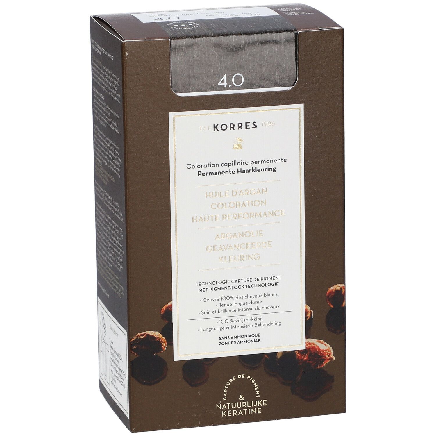Boîte de coloration KORRES® 4.0. Inscription: coloration permanente, huile d'argan, couverture 100% des cheveux blancs.