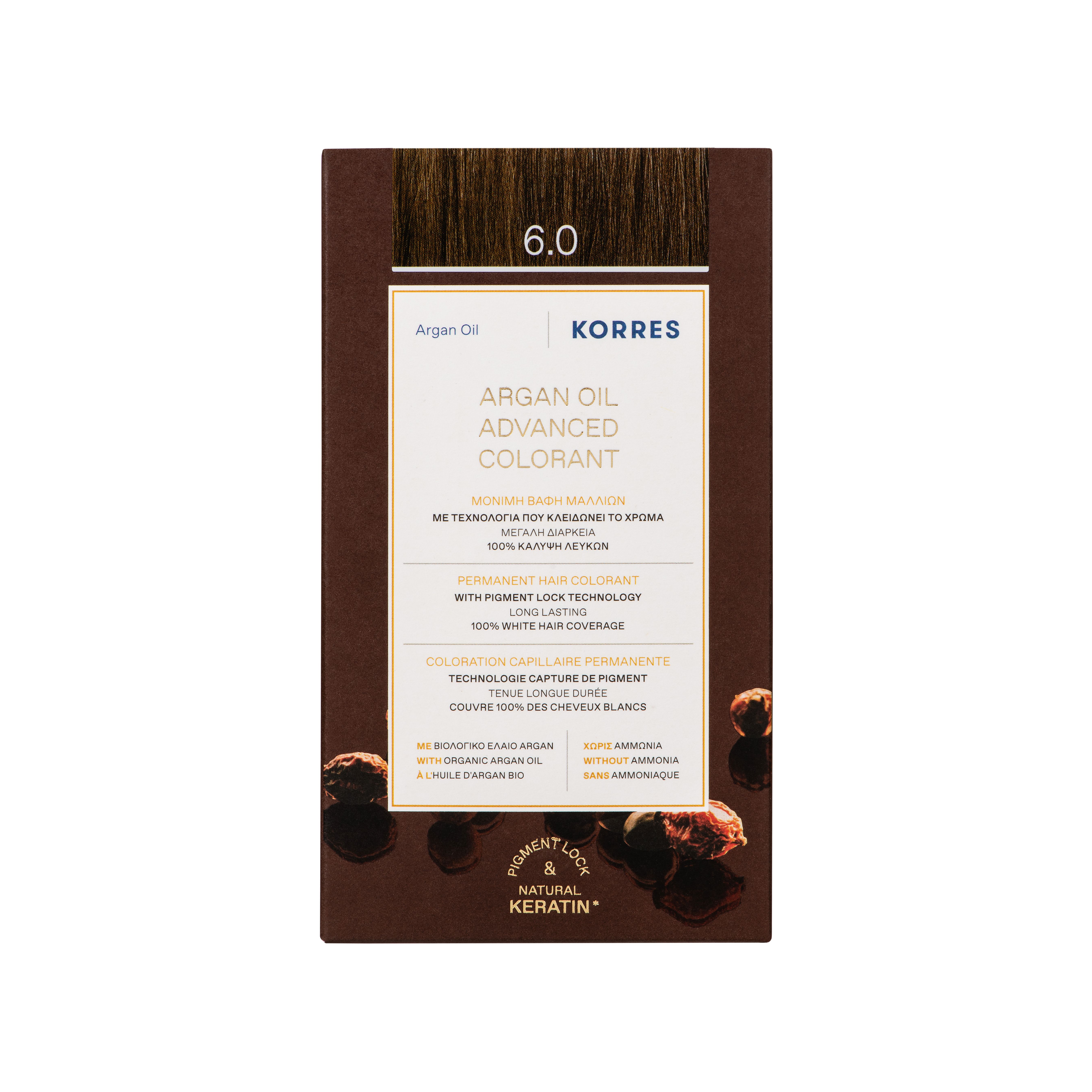 KORRES haarkleurdoos. Kleur 6.0, donkerblond. Opschrift: Arganolie, permanente haarkleuring, keratine. Bruine verpakking.