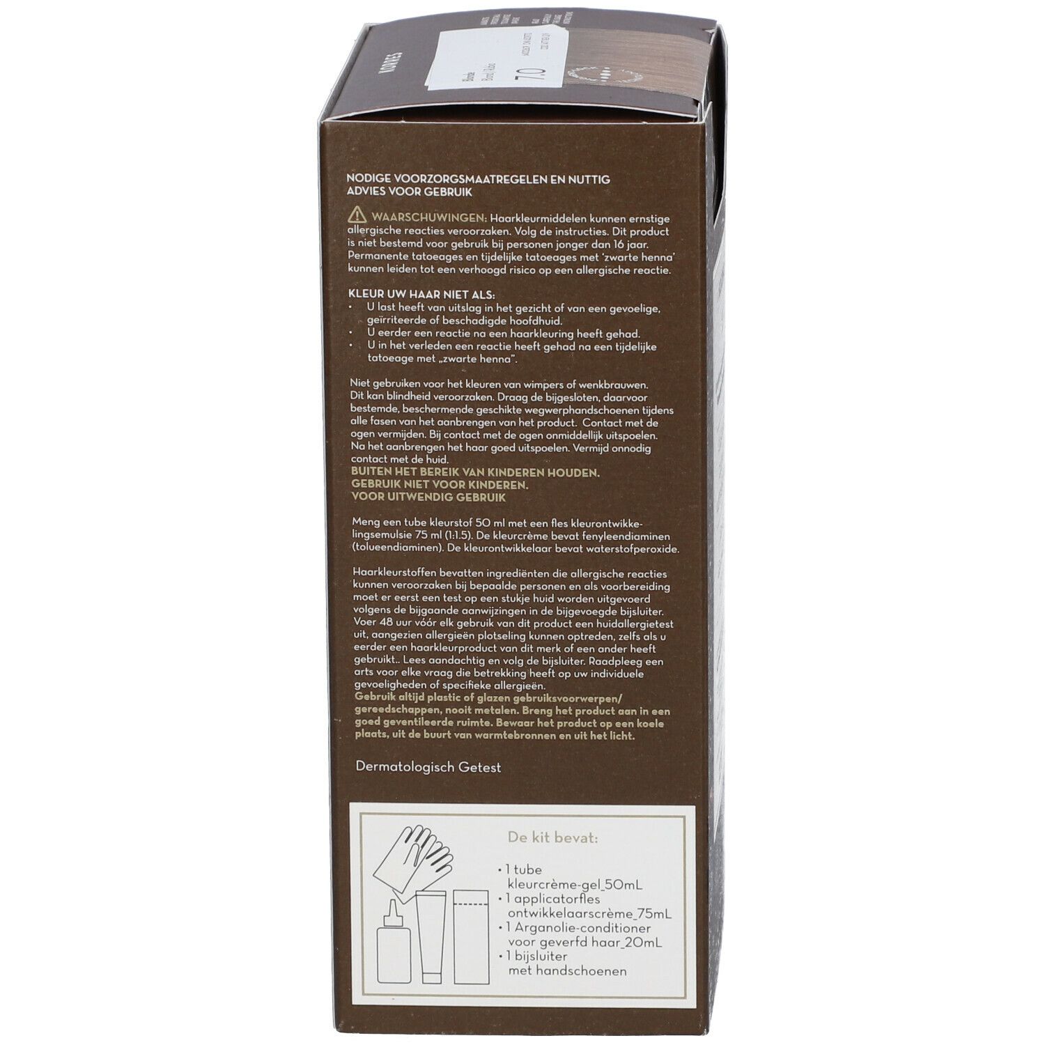 Rückseite der KORRES Haarfarben-Verpackung. Enthält Warnhinweise, Gebrauchsanweisung und Inhaltsstoffe. Dermatologisch getestet.
