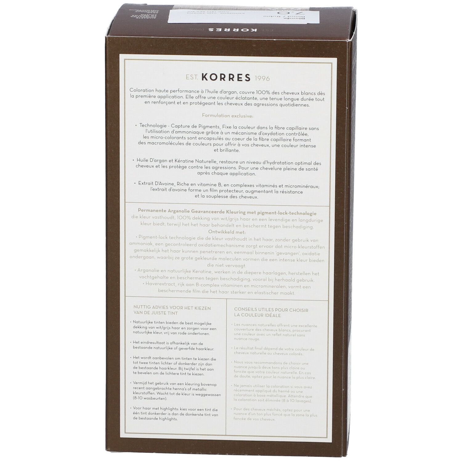 Rückseite der KORRES Haarfarben-Verpackung. Enthält Produktinformationen und Inhaltsstoffe. Mit Arganöl und Keratin.