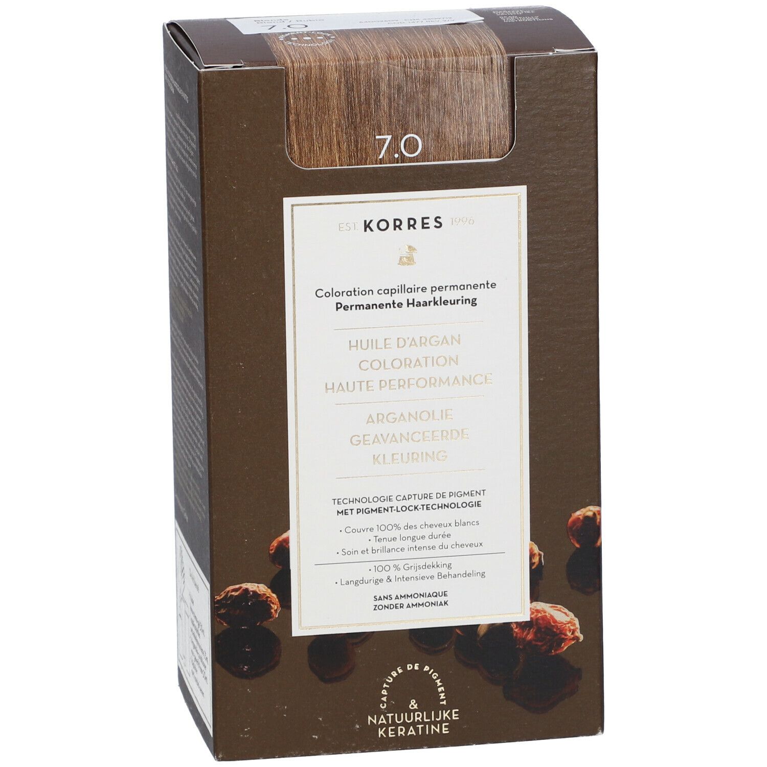 KORRES Haarfarbe 7.0 Blond. Braune Verpackung mit Produktabbildung und Aufschrift. Enthält Arganöl und Keratin.