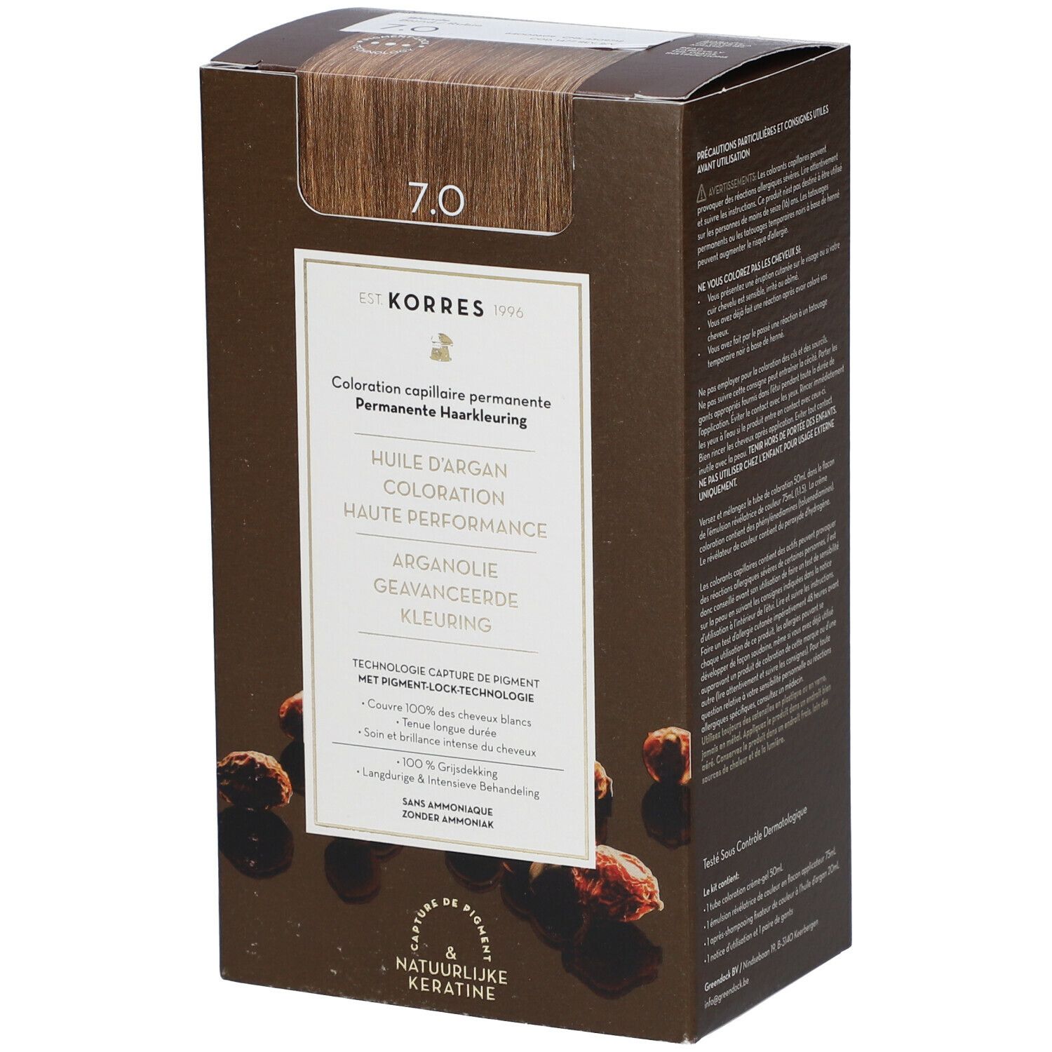 KORRES Haarfarbe 7.0 Blond. Braune Verpackung mit Produktabbildung und Aufschrift. Enthält Arganöl und Keratin.