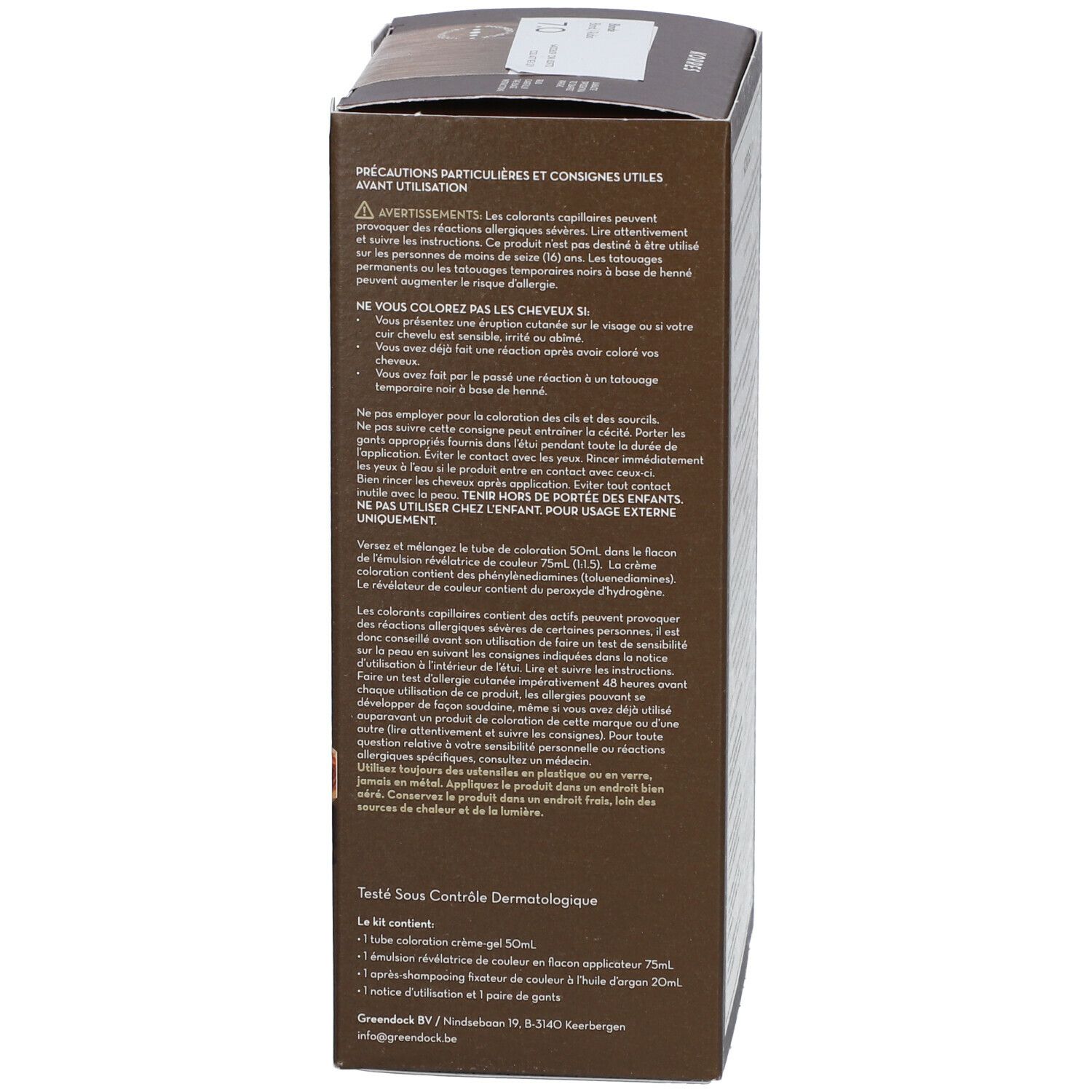 Rückseite der KORRES Haarfarben-Verpackung. Enthält Warnhinweise, Gebrauchsanweisung und Inhaltsstoffe. Dermatologisch getestet.