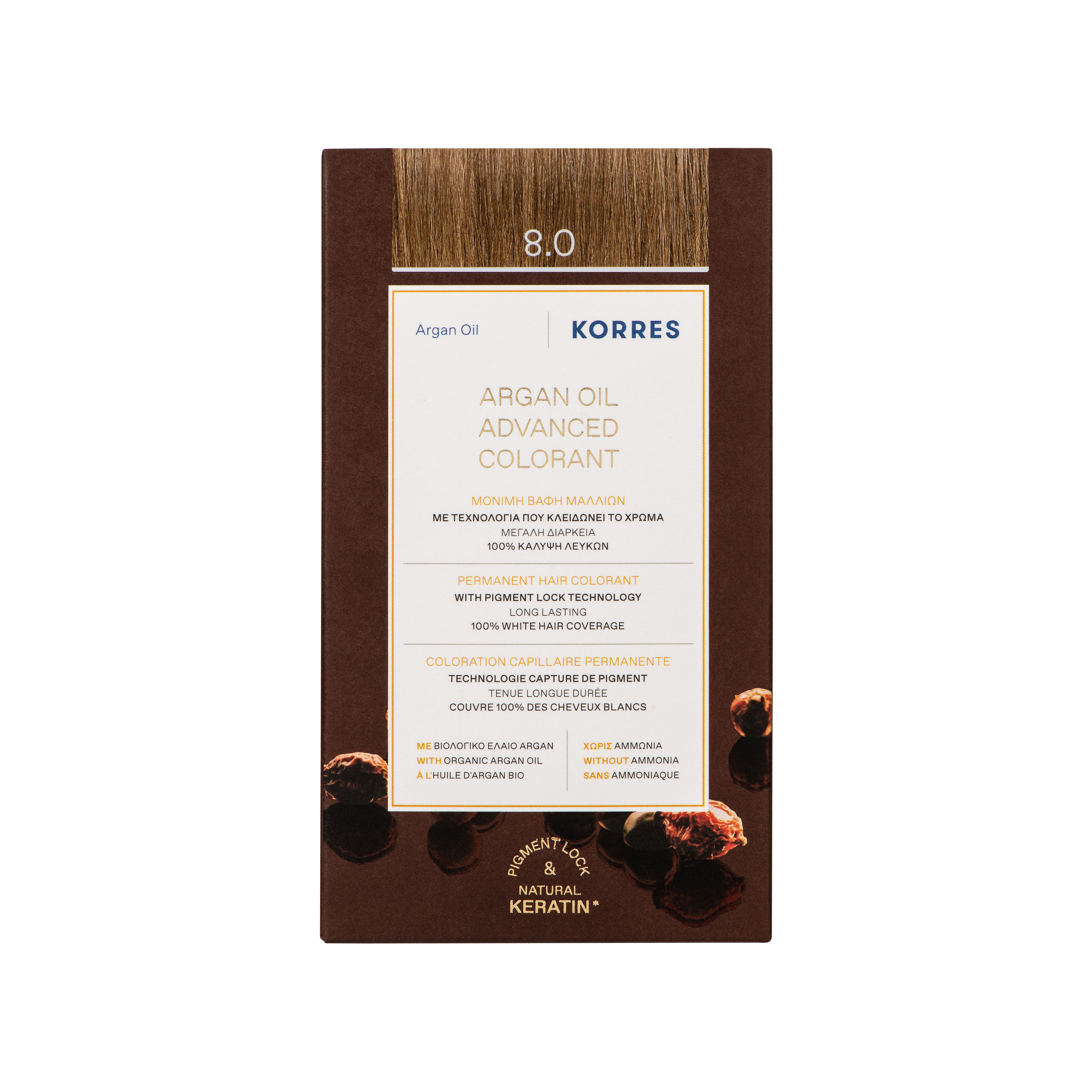 Vooraanzicht van de haarkleurverpakking. Opschrift: 8.0, KORRES, arganolie, Advanced Colorant, permanente haarkleuring.