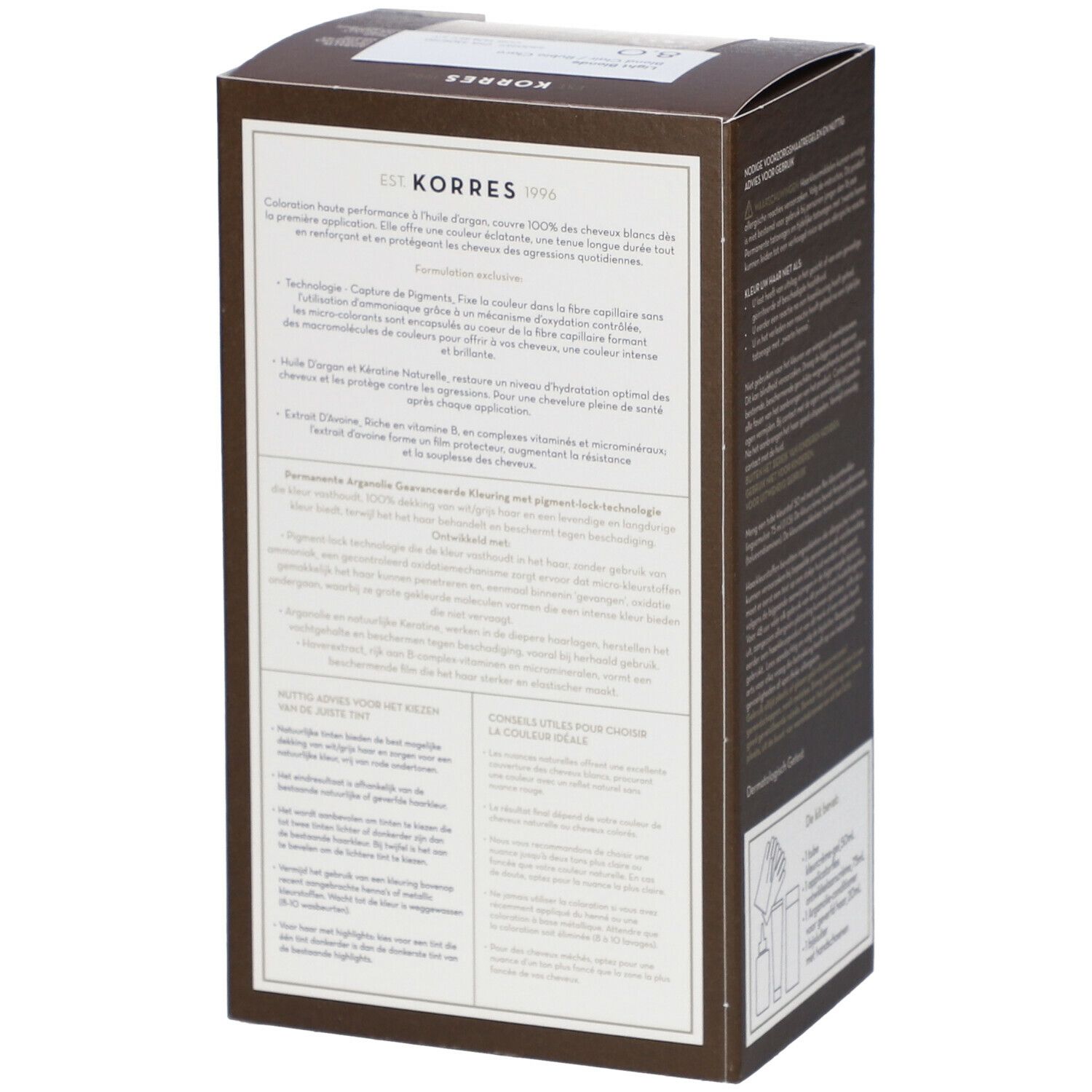 Achterkant van de haarkleurverpakking. Meertalige tekst. Productbeschrijving en ingrediënten.