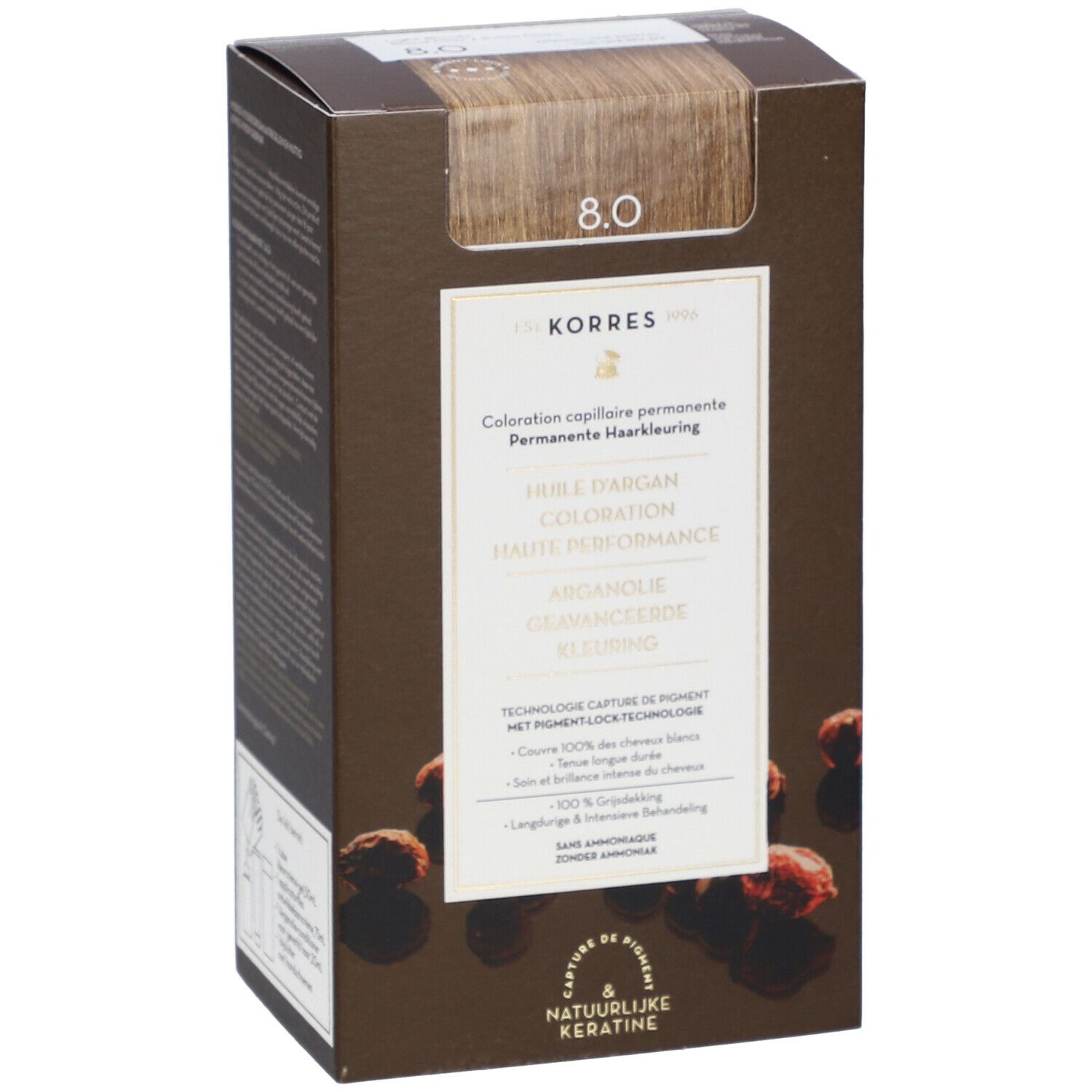 Schuine weergave van de haarkleurverpakking. Opschrift: 8.0 Blond, KORRES, permanente haarkleuring, arganolie, hoge prestaties.
