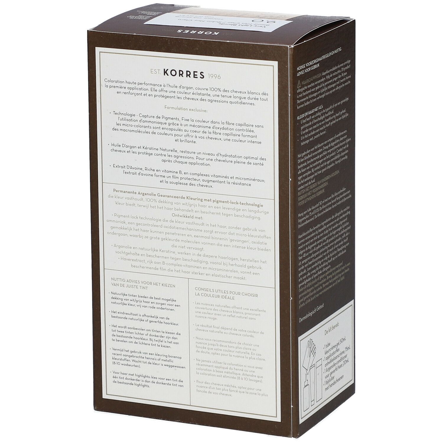 Zijkant van de Korres haarkleurverpakking. Tekstinformatie over het product en de eigenschappen.
