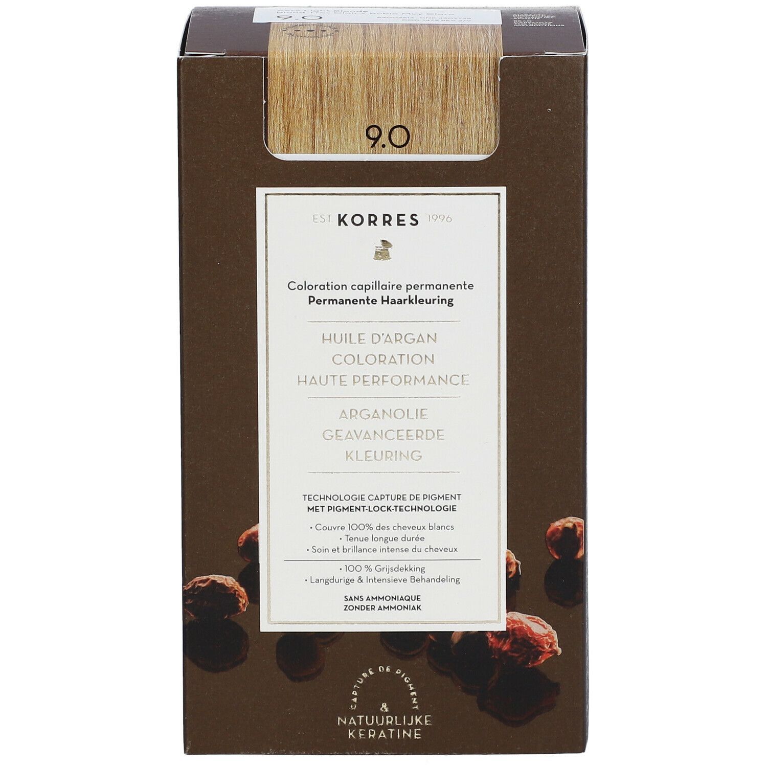Korres haarkleuring 9.0 lichtblond. Bruine verpakking met productinfo en afbeelding van haarstalen.