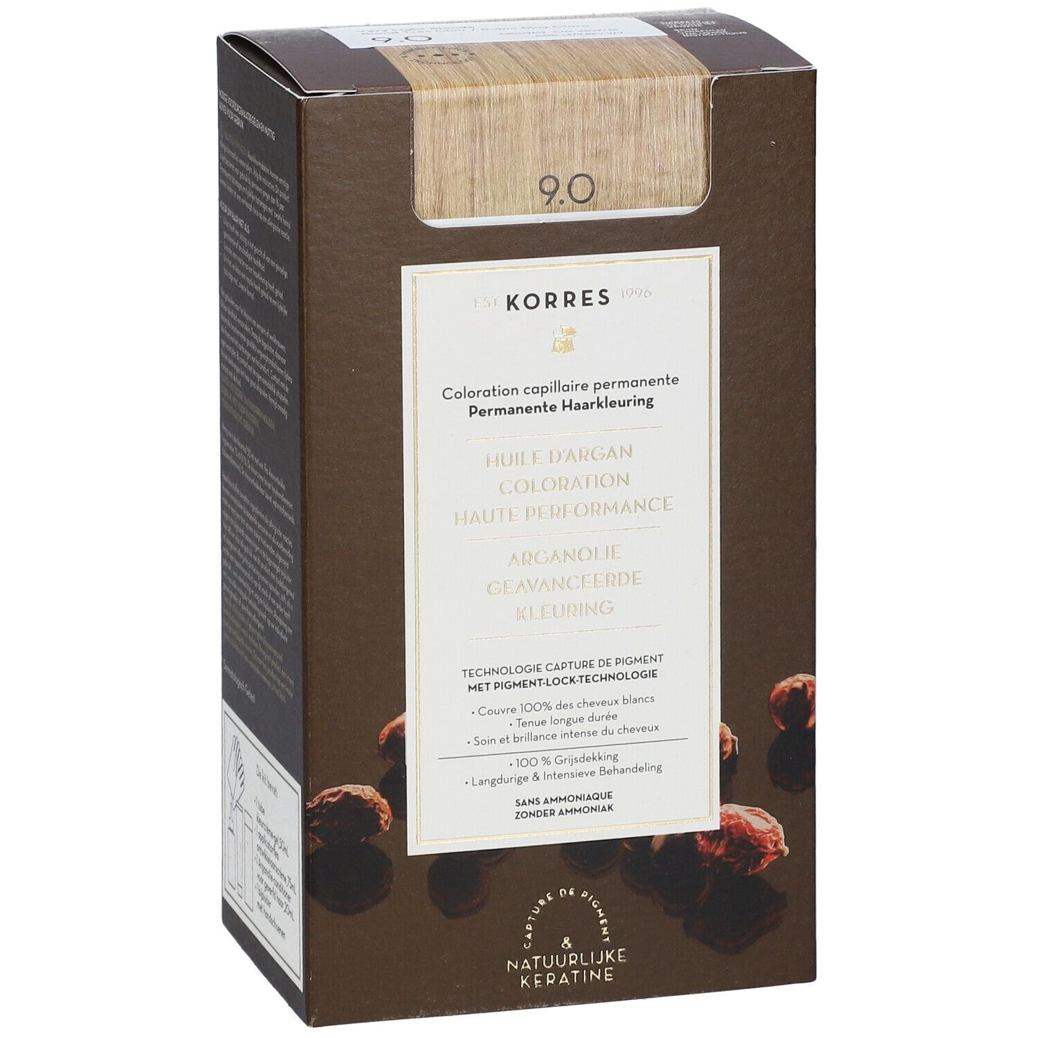Korres haarkleuring 9.0 lichtblond. Bruine verpakking met productinfo en afbeelding van haarstalen.
