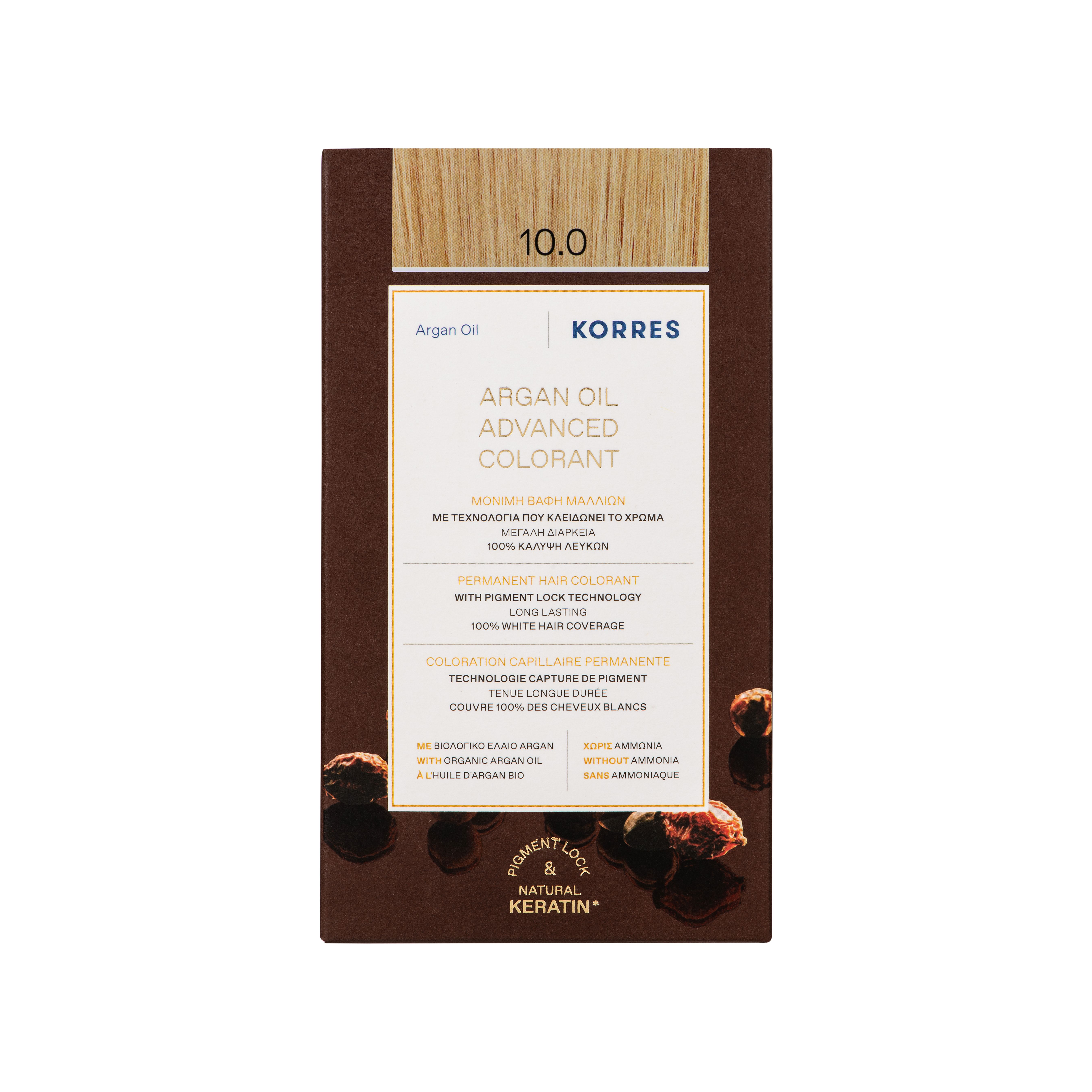 Kartonnen verpakking met productinformatie. Opschrift: KORRES, Argan Oil Advanced Colorant, 10.0. Boven: blonde haarstreng.