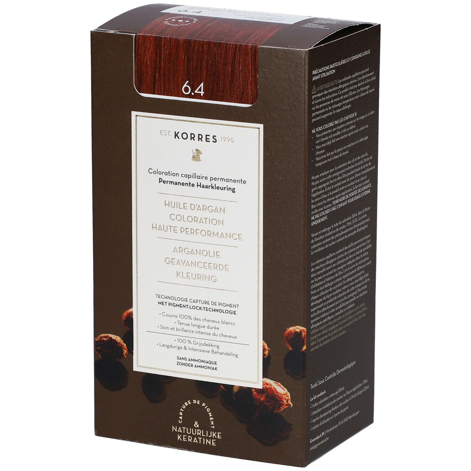KORRES Coloration 6.4 donkerblond. Bruine doos met productafbeelding en kleurtint. Meertalige tekst.