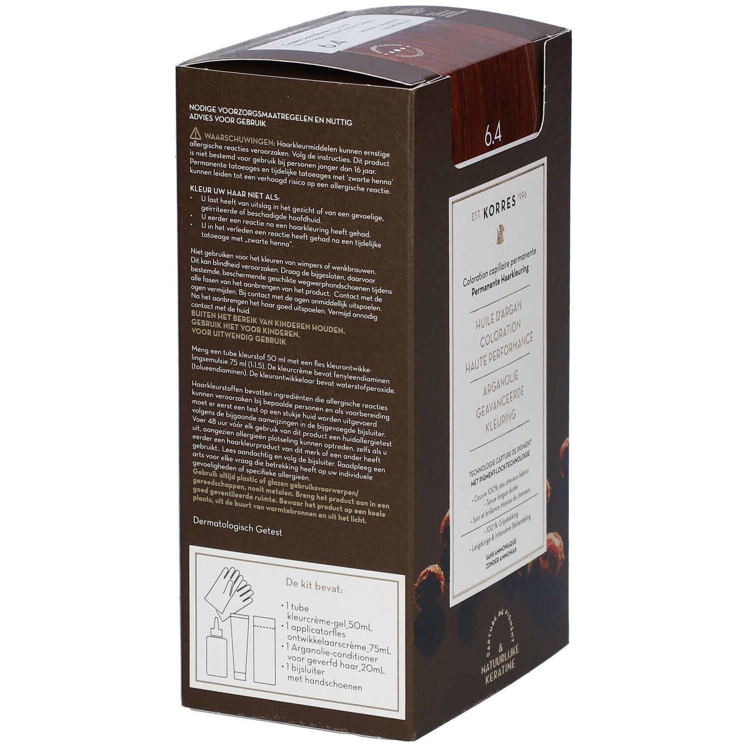 Achterkant van de KORRES Coloration 6.4 donkerblond verpakking. Meertalige tekst, waarschuwingen en inhoudsinformatie.