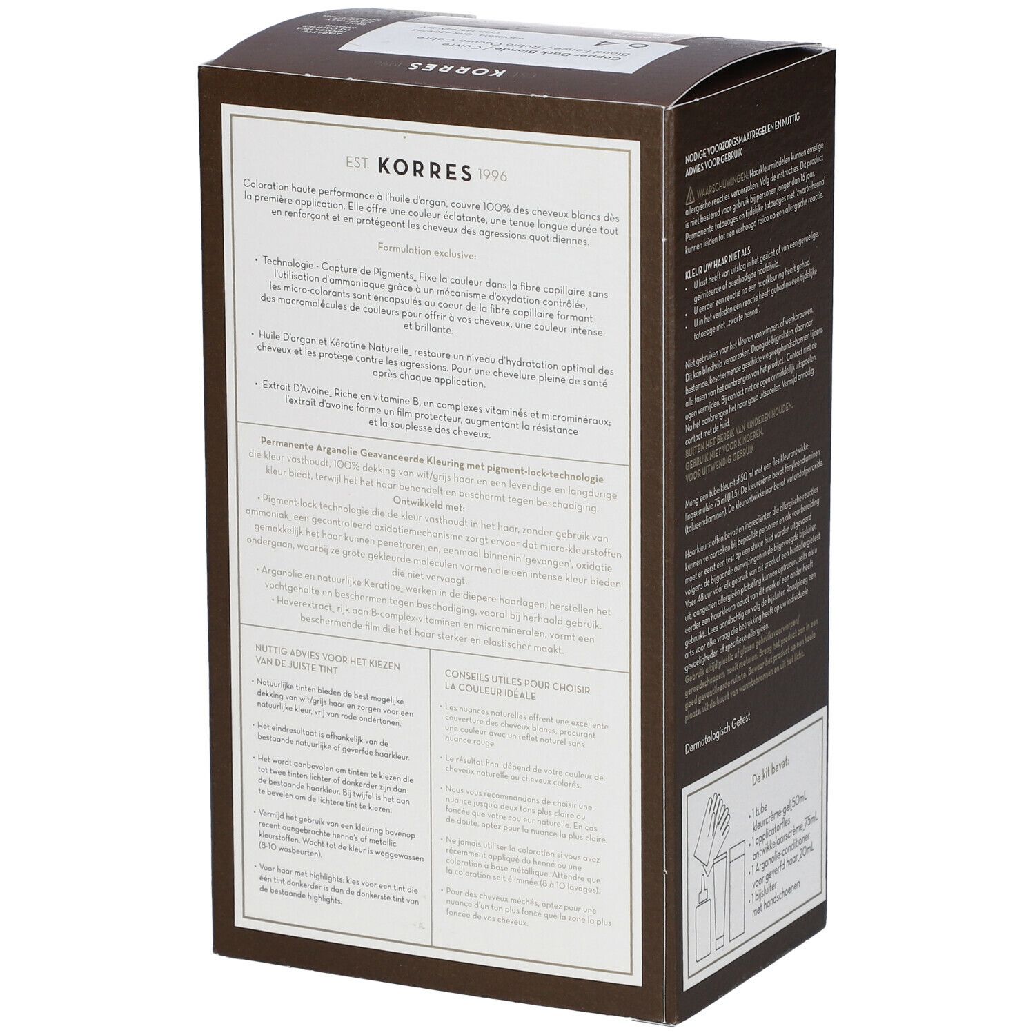 Zijkant van de KORRES Coloration 6.4 donkerblond verpakking. Meertalige tekst, productinformatie en gebruiksaanwijzing.