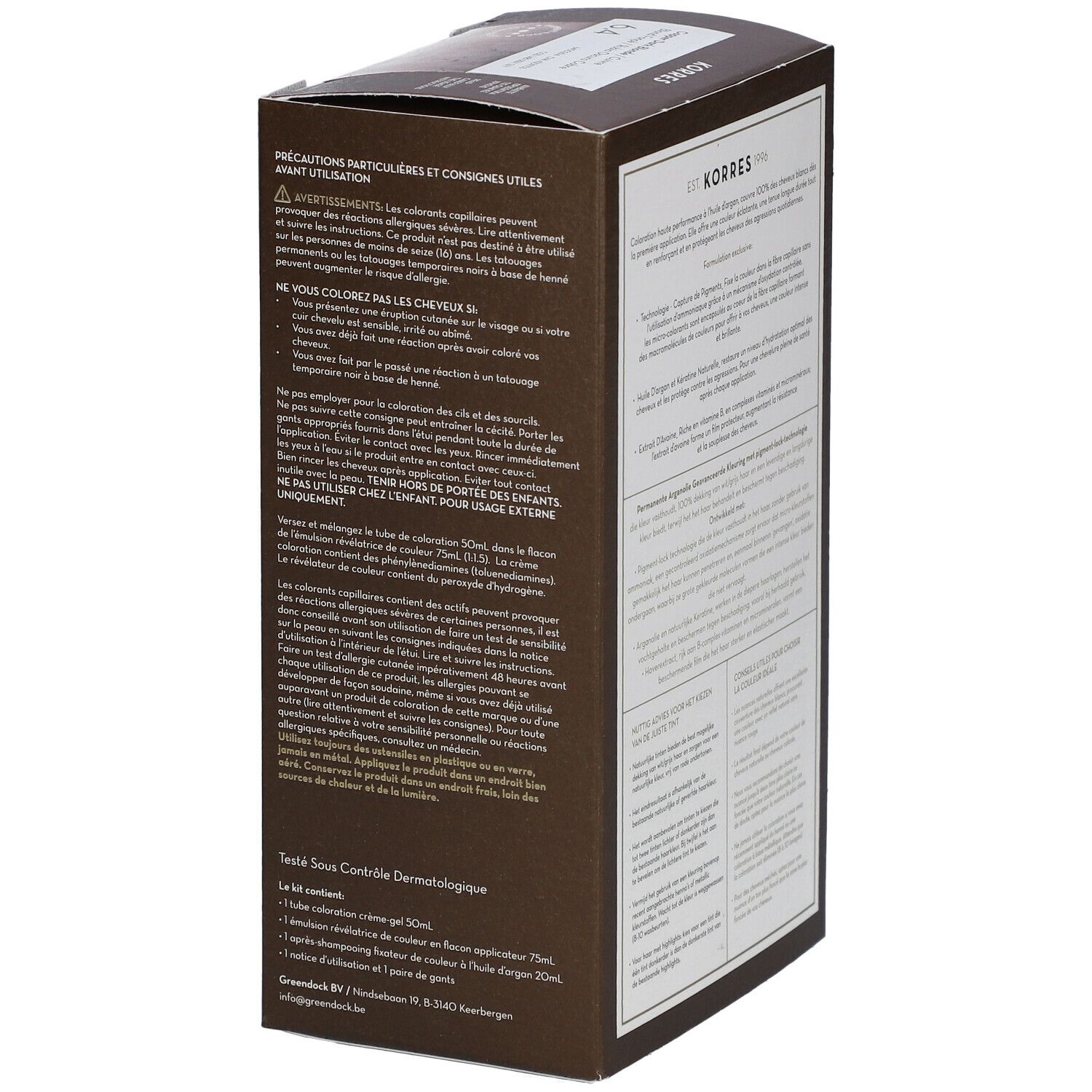 Zijkant van de KORRES Coloration 6.4 donkerblond verpakking. Meertalige tekst, voorzorgsmaatregelen en inhoudsinformatie.