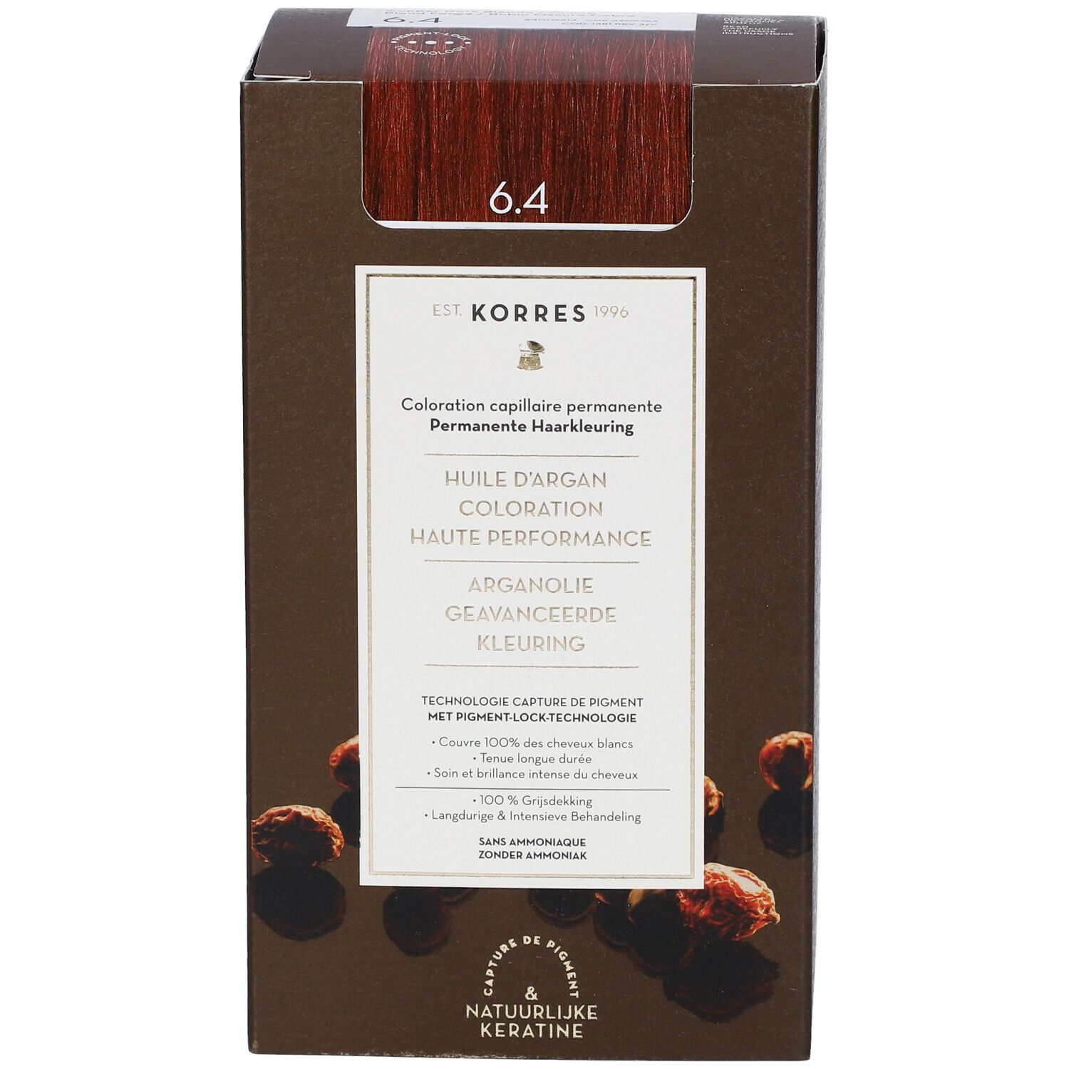 KORRES Coloration 6.4 donkerblond. Bruine doos met productafbeelding en kleurtint. Meertalige tekst.