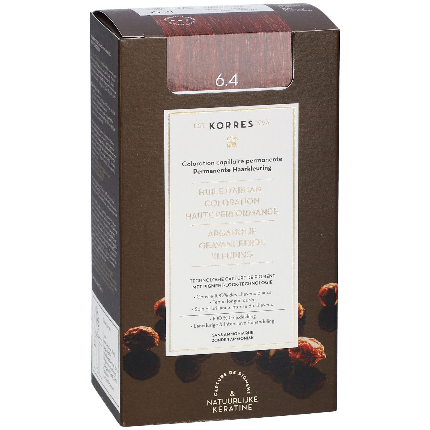 KORRES Coloration 6.4 donkerblond. Bruine doos met productafbeelding en kleurtint. Meertalige tekst.