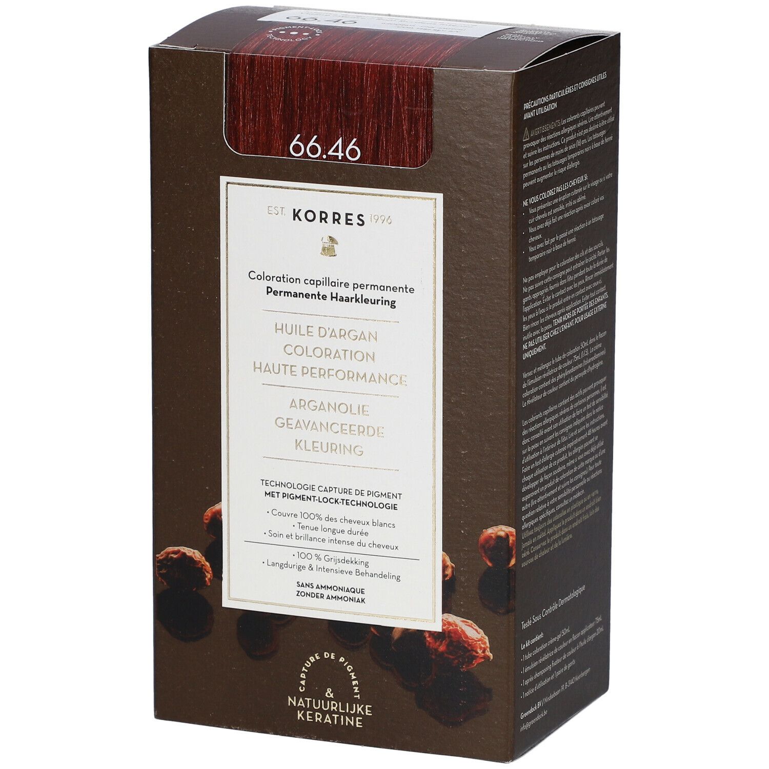 Kartonverpackung mit Haarfarbe. Oben: Farbton 66.46. Text: permanente Haarfarbe, Arganöl, hohe Leistung. Unten: Capture de pigment.
