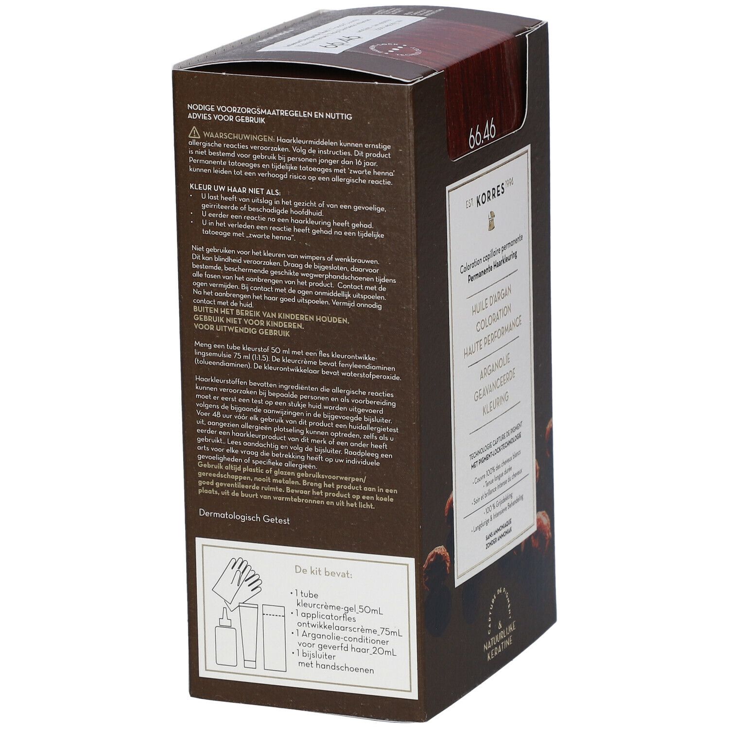 Rückseite der Haarfarbenverpackung. Text: Gebrauchsanweisung, Vorsichtsmaßnahmen. Unten: Inhalt des Kits, Handschuhe, Applikator.