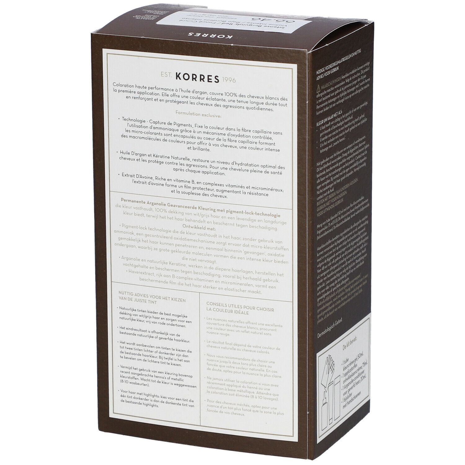 Seite der Haarfarbenverpackung. Text: permanente Haarfarbe, Capture de pigment, Arganöl, Vitamin E. Dermatologisch getestet.