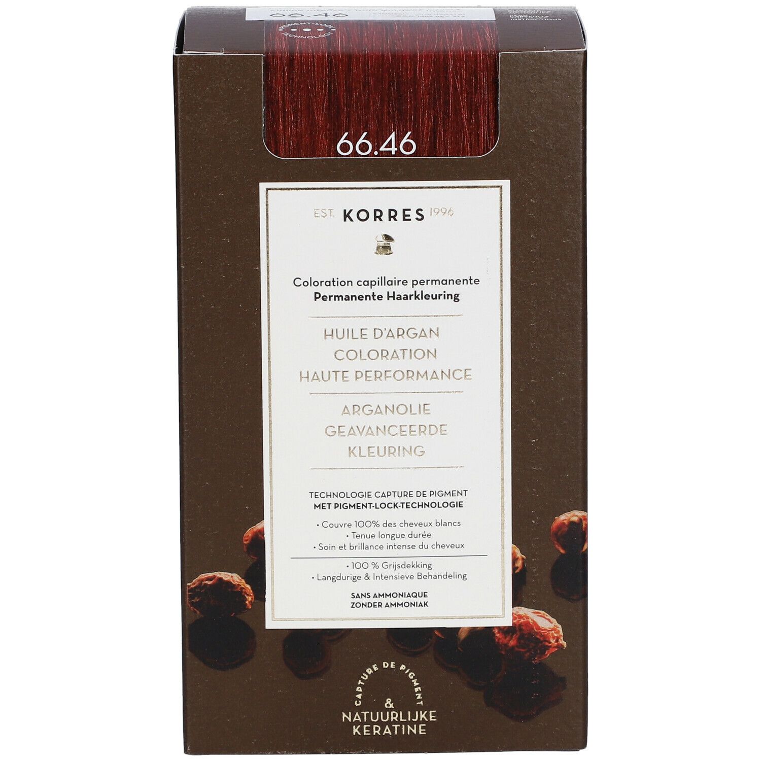 Kartonverpackung mit Haarfarbe. Oben: Farbton 66.46. Text: permanente Haarfarbe, Arganöl, hohe Leistung. Unten: Capture de pigment.
