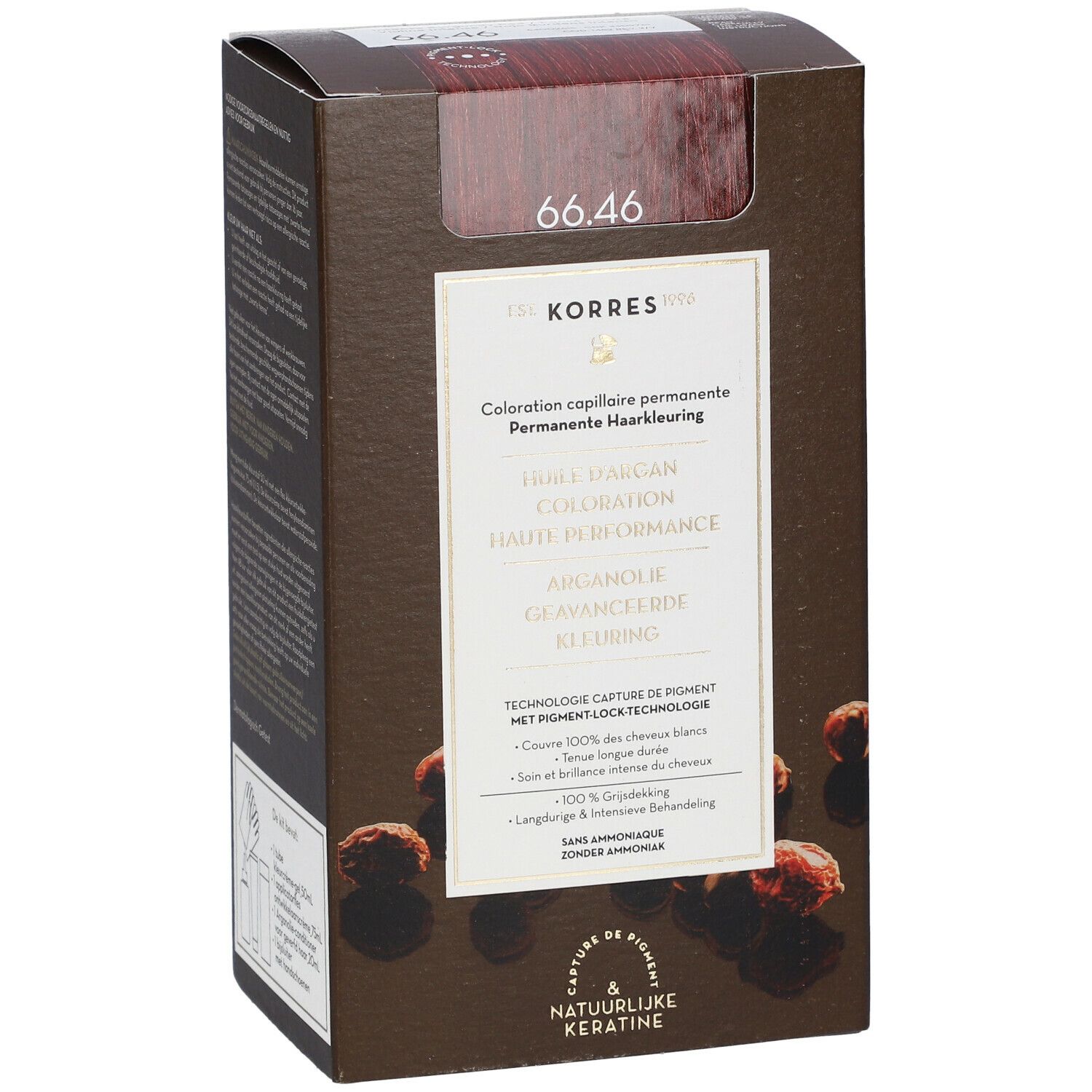Kartonverpackung mit Haarfarbe. Oben: Farbton 66.46. Text: permanente Haarfarbe, Arganöl, hohe Leistung. Unten: Capture de pigment.