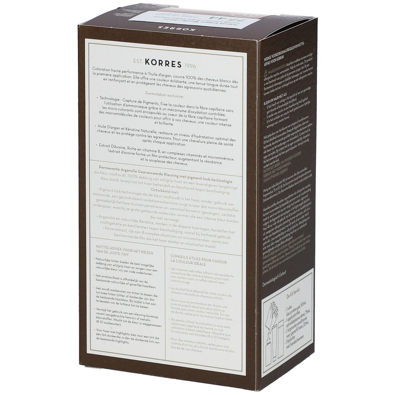 Achterkant van de KORRES haarverfverpakking. Tekst met productinformatie en ingrediënten.