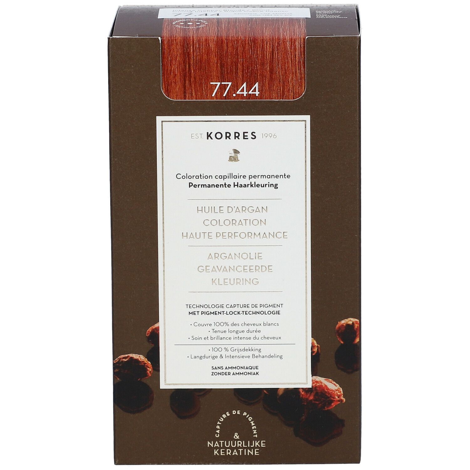 KORRES haarverf, koperblond 77.44. Verpakking met productinformatie en kleurensample.