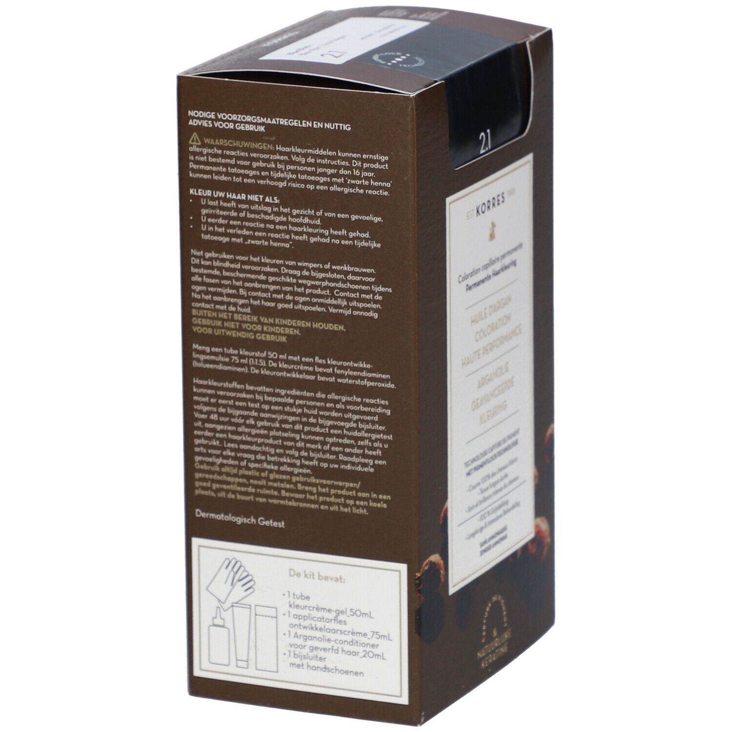 Rückseite der KORRES® Haarfarbenverpackung. Textinformationen, Inhaltsstoffe und Vorsichtshinweise.