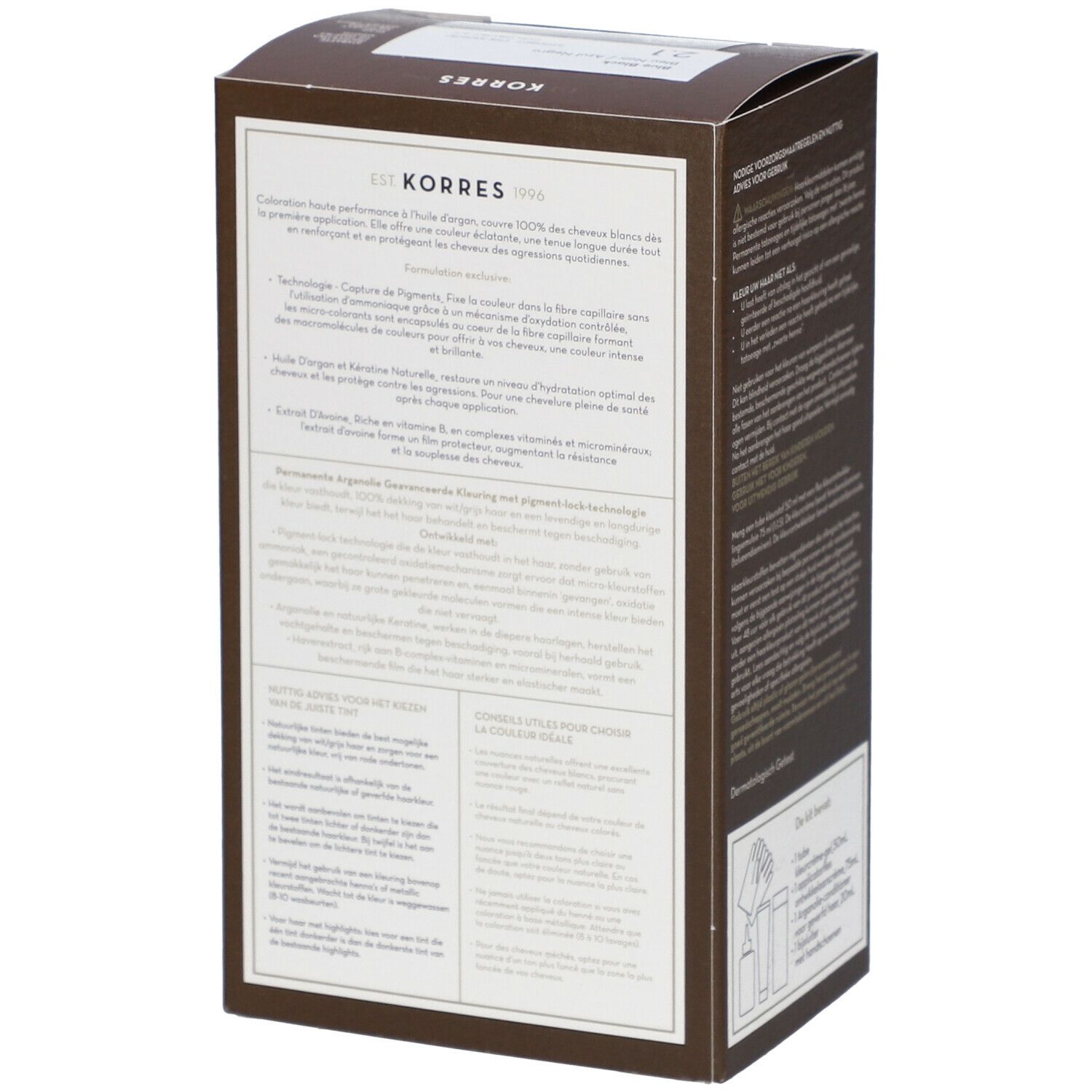 Seite der KORRES® Haarfarbenverpackung. Textinformationen, Inhaltsstoffe und Anwendungshinweise.