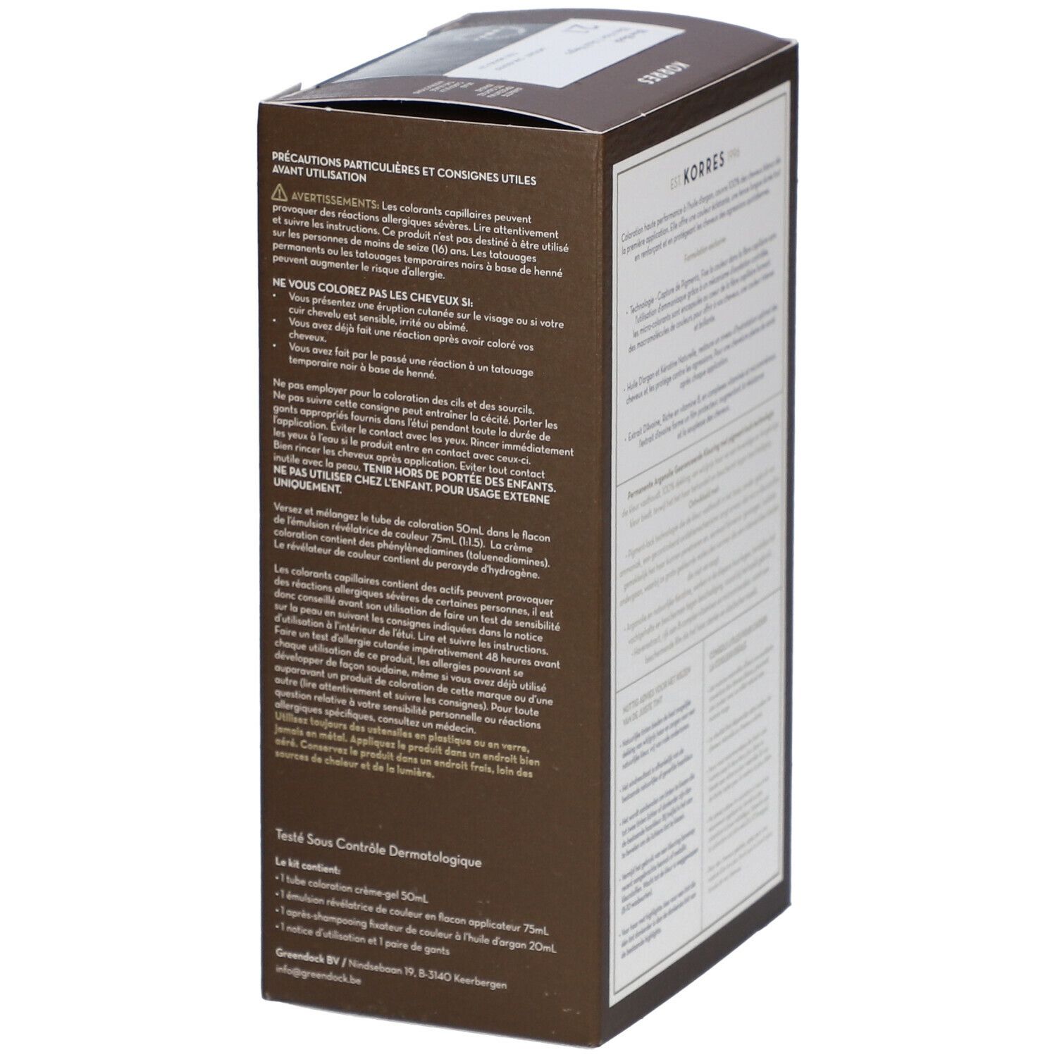 Seite der KORRES® Haarfarbenverpackung. Textinformationen, Inhaltsstoffe und Anwendungshinweise.