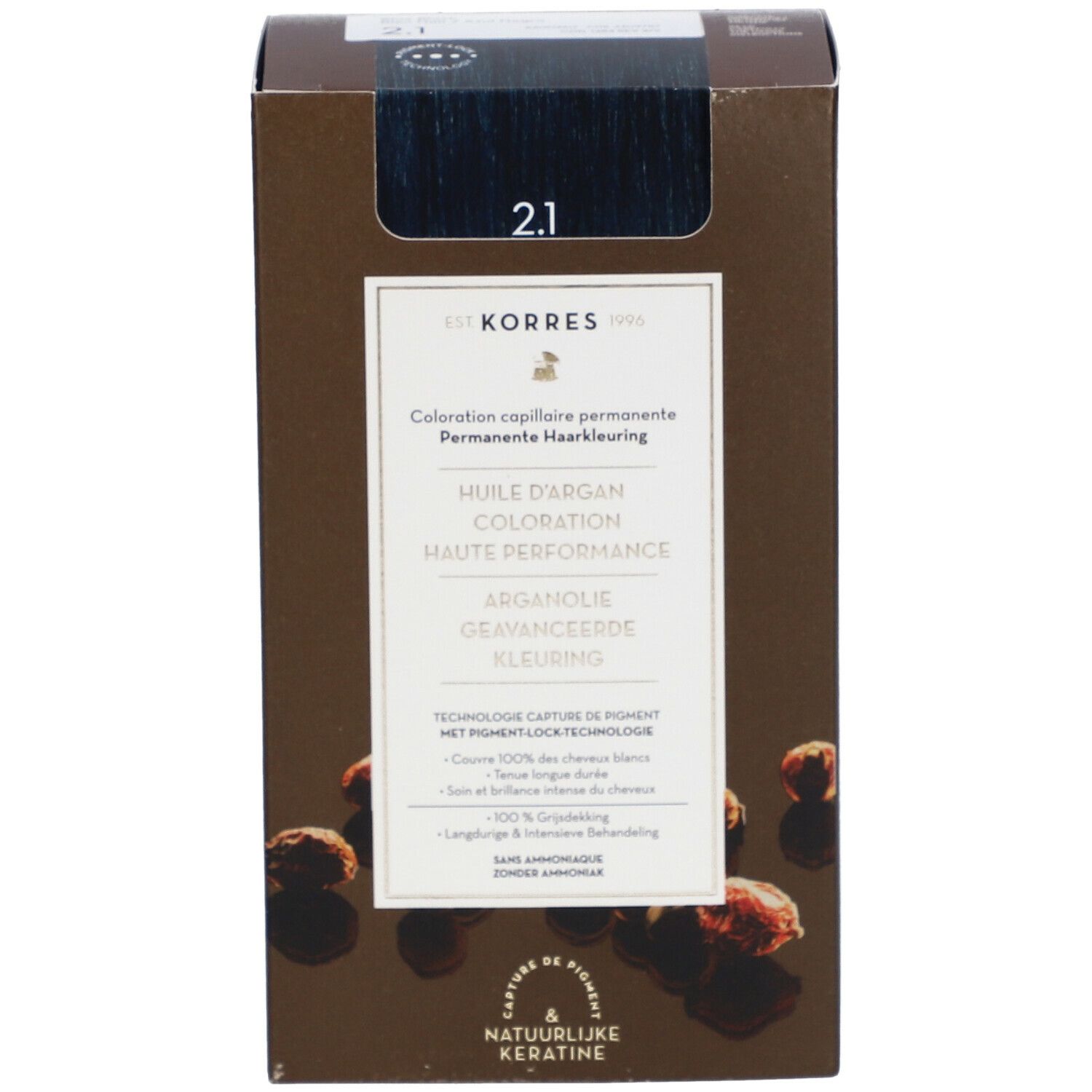 KORRES® Haarfarbe 2.1 Blue Black. Braune Verpackung mit Produktinformationen und Abbildung von Arganfrüchten.