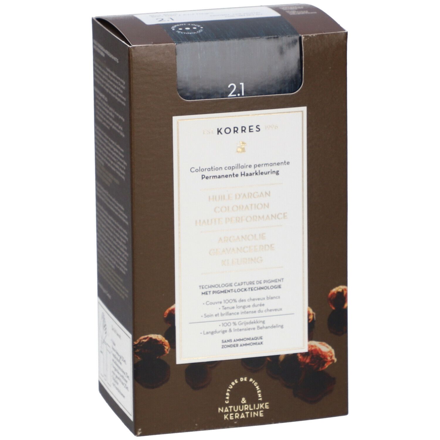 KORRES® Haarfarbe 2.1 Blue Black. Braune Verpackung mit Produktinformationen und Abbildung von Arganfrüchten.