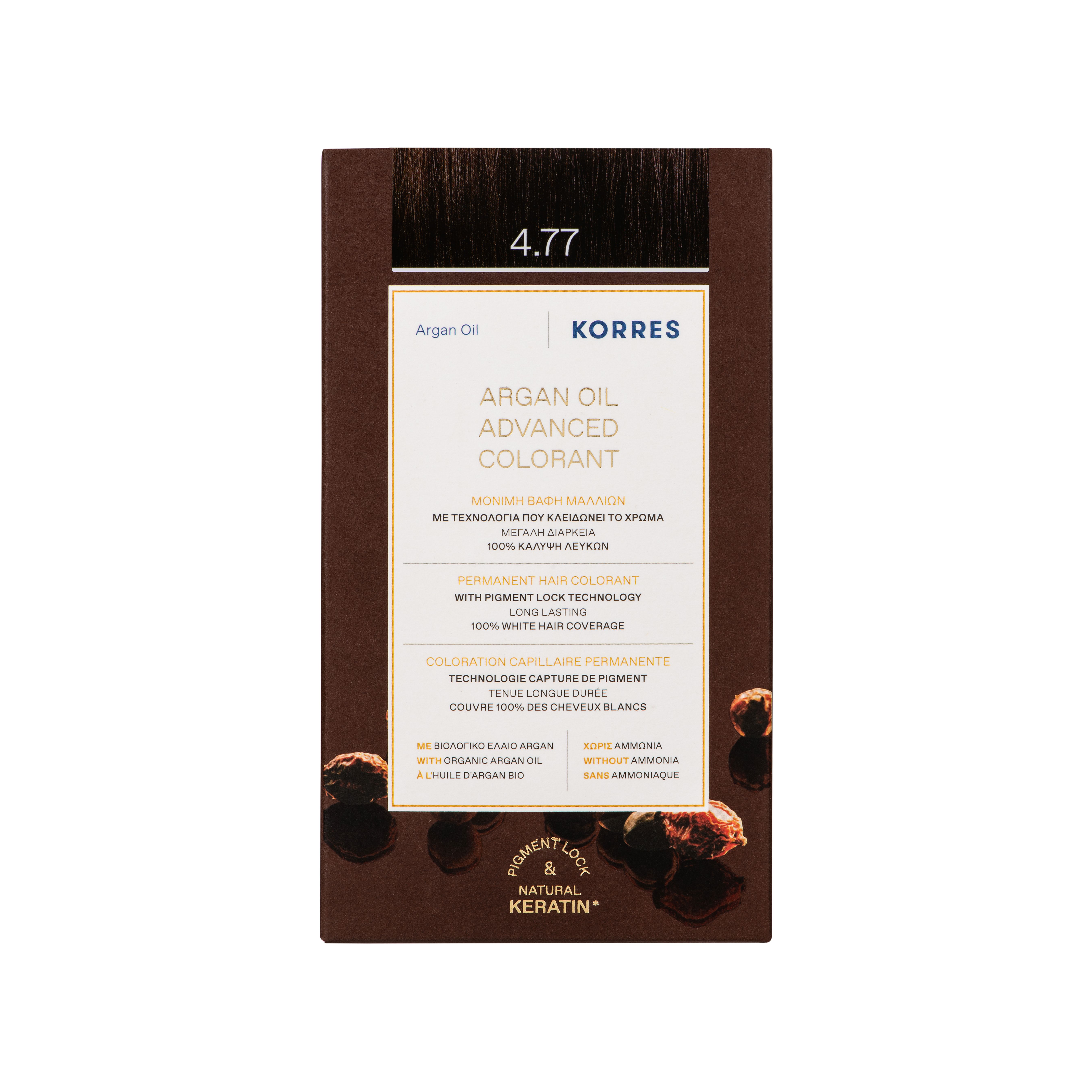 KORRES Coloration 4.77 Dark Chocolate. Kartonnen verpakking met opschrift: 4.77, KORRES, permanente haarkleuring.