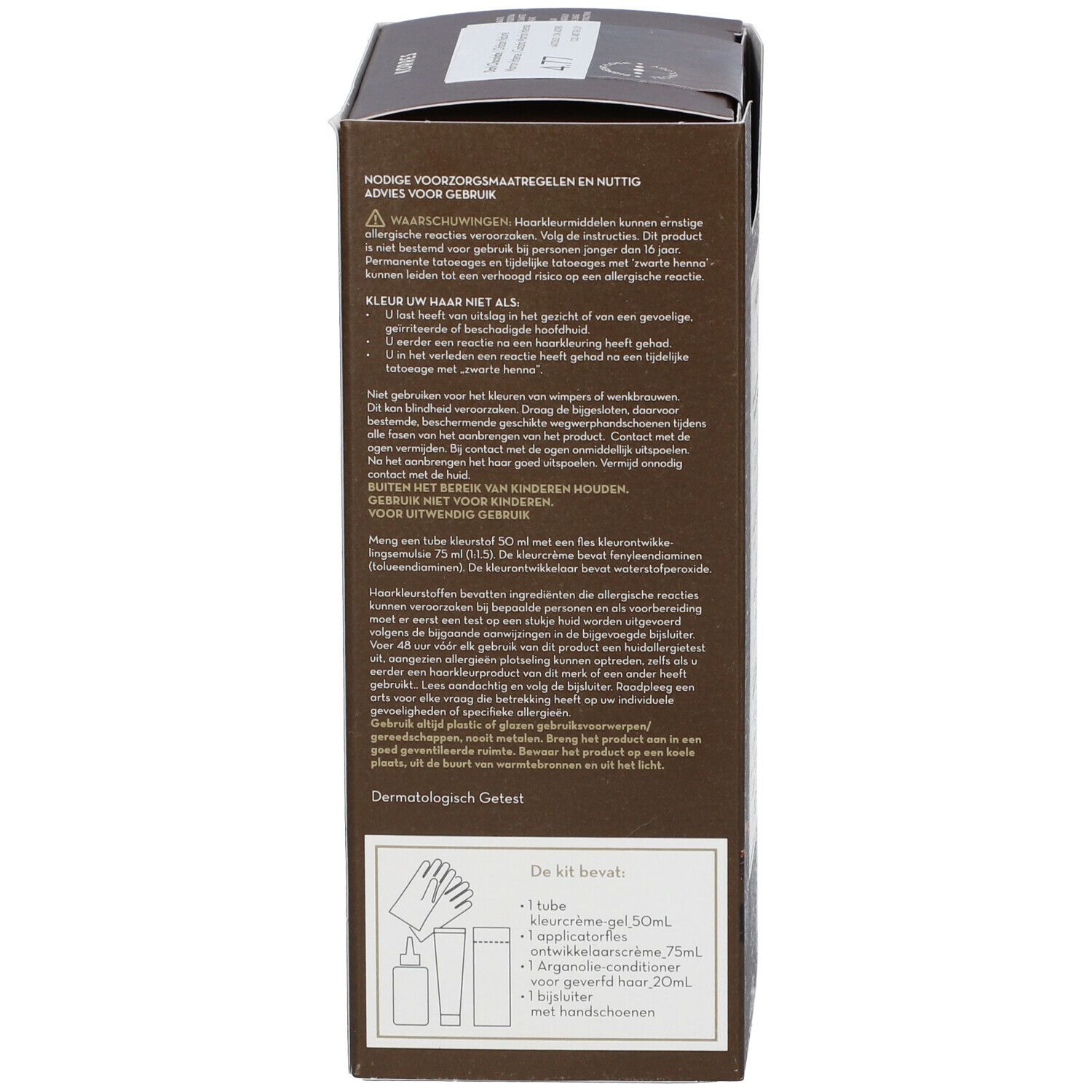 Achterkant van KORRES Coloration 4.77 Dark Chocolate. Tekst over voorzorgsmaatregelen en ingrediënten. Dermatologisch getest.