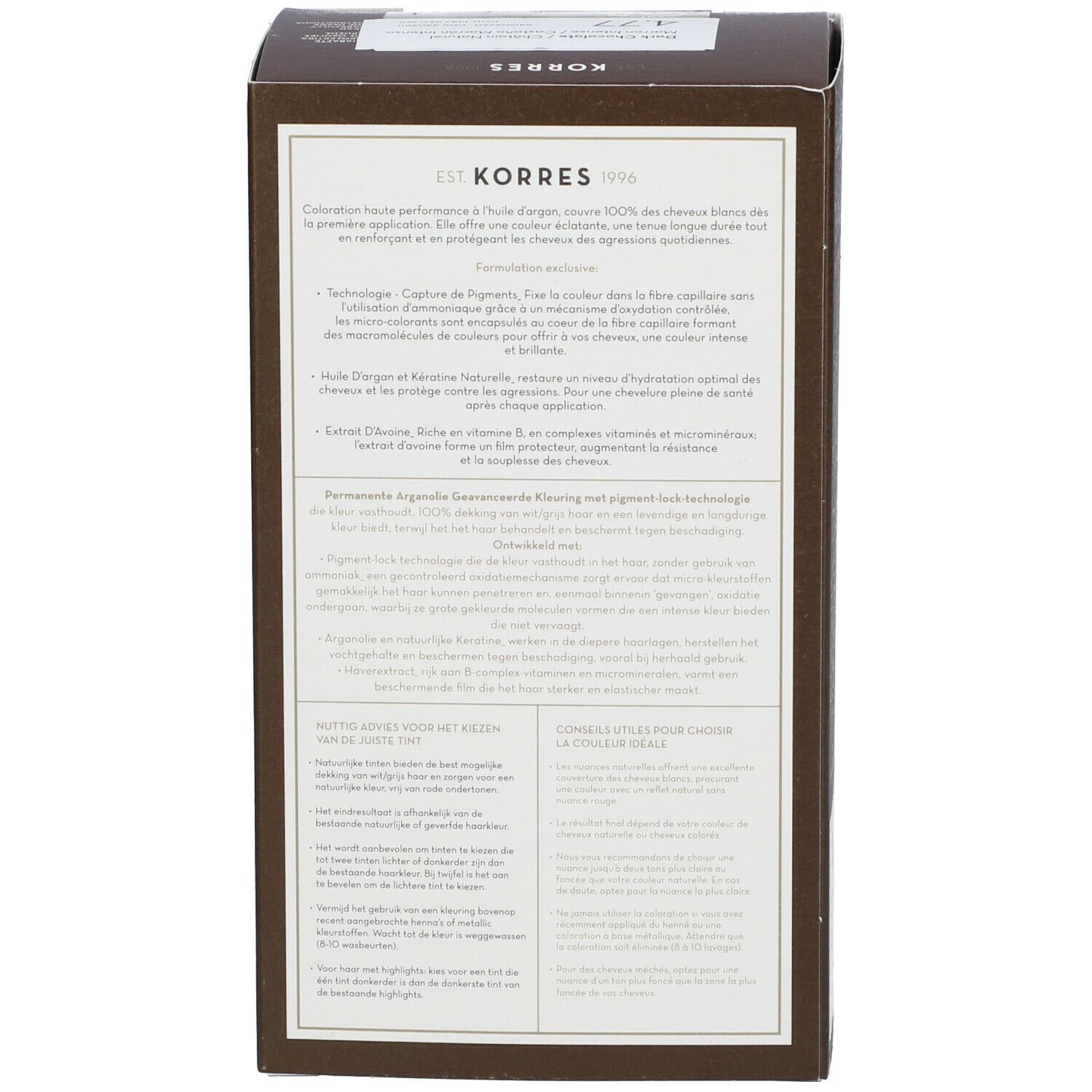 Achterkant van KORRES Coloration 4.77 Dark Chocolate. Tekst over ingrediënten en technologie. KORRES logo.