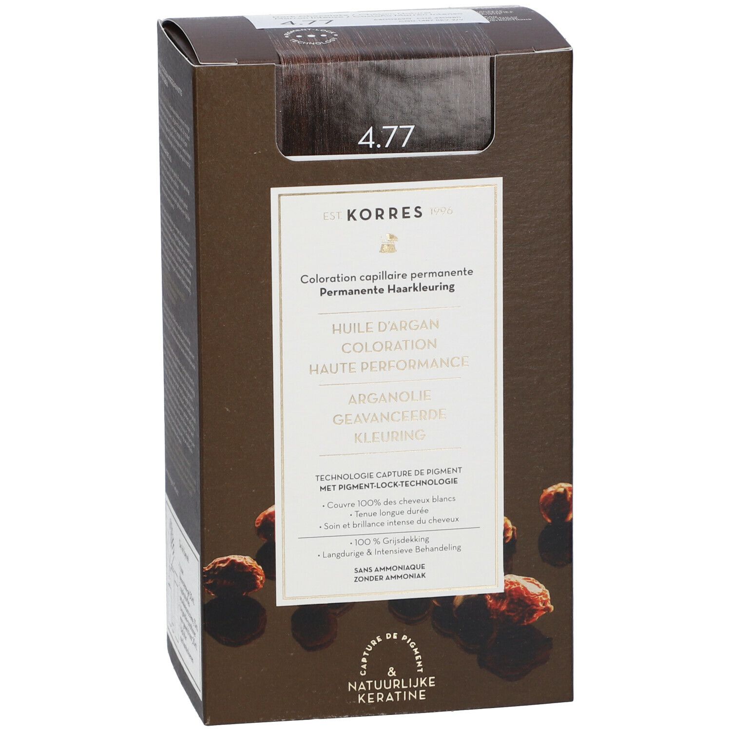 KORRES Coloration 4.77 Dark Chocolate. Bruine haarkleur in kartonnen verpakking. Opschrift: 4.77, KORRES, permanente haarkleuring.