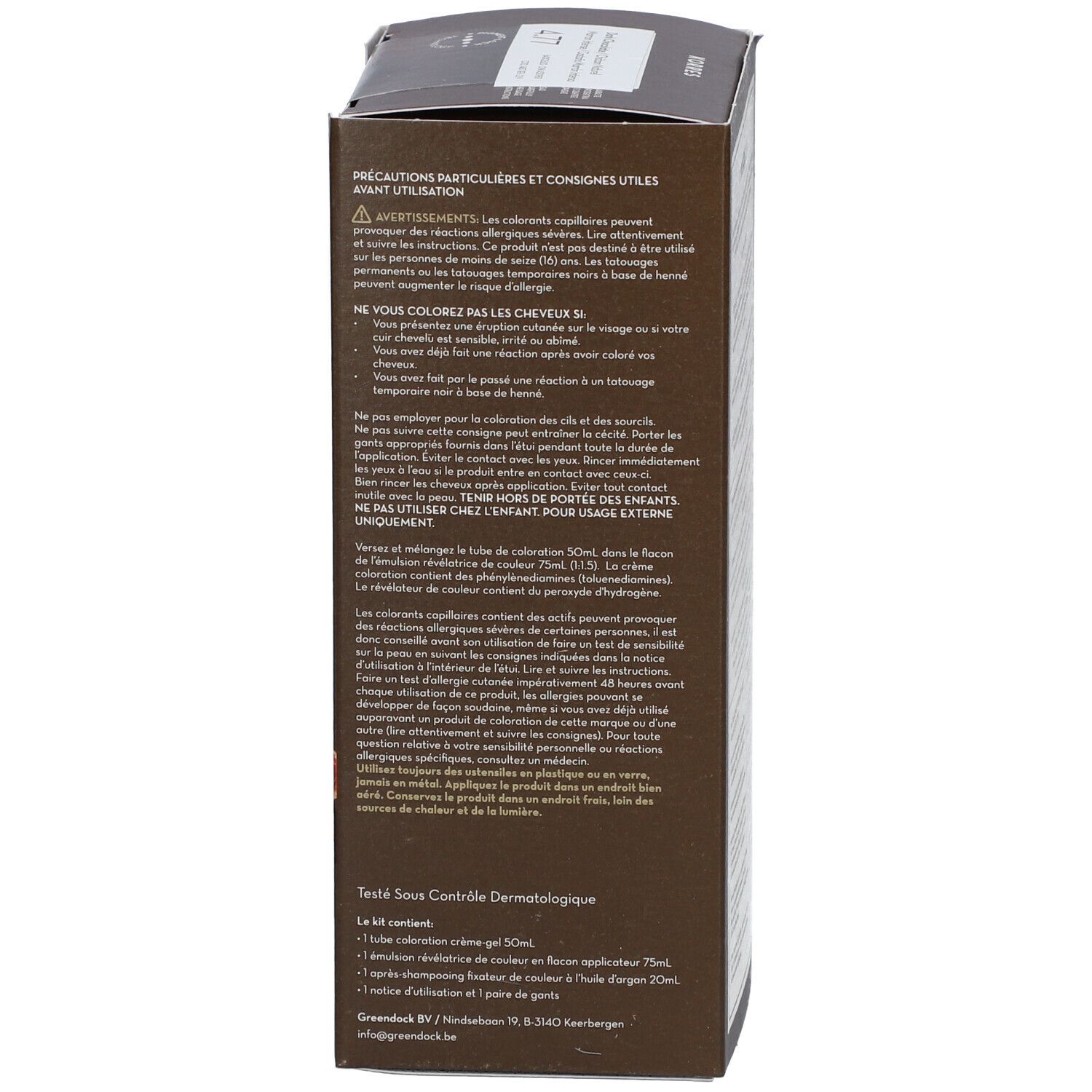 Achterkant van KORRES Coloration 4.77 Dark Chocolate. Tekst over voorzorgsmaatregelen. Dermatologisch getest.