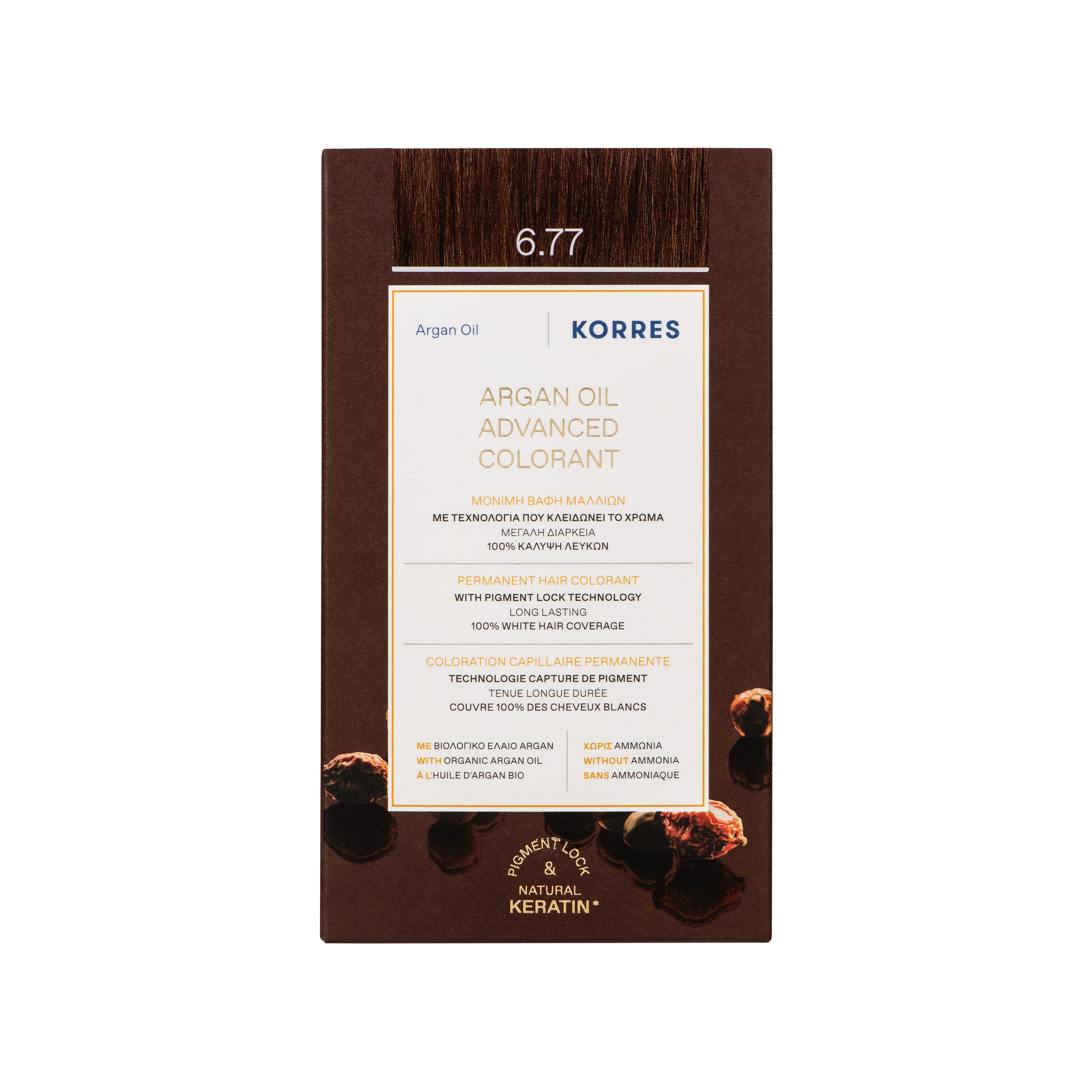 KORRES haarkleurverpakking. 6.77, Arganolie, Advanced Colorant. Productinformatie.