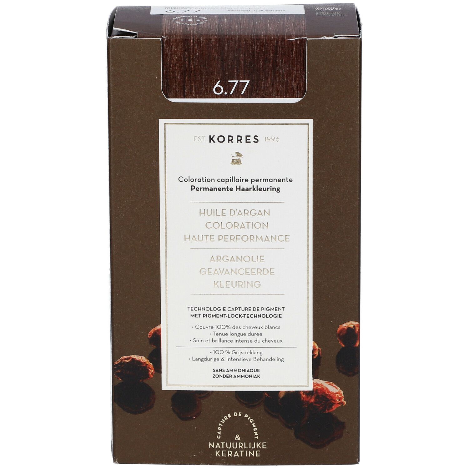 KORRES haarkleuring 6.77. Donkerblond intens bruin. Doos met productinfo en logo.