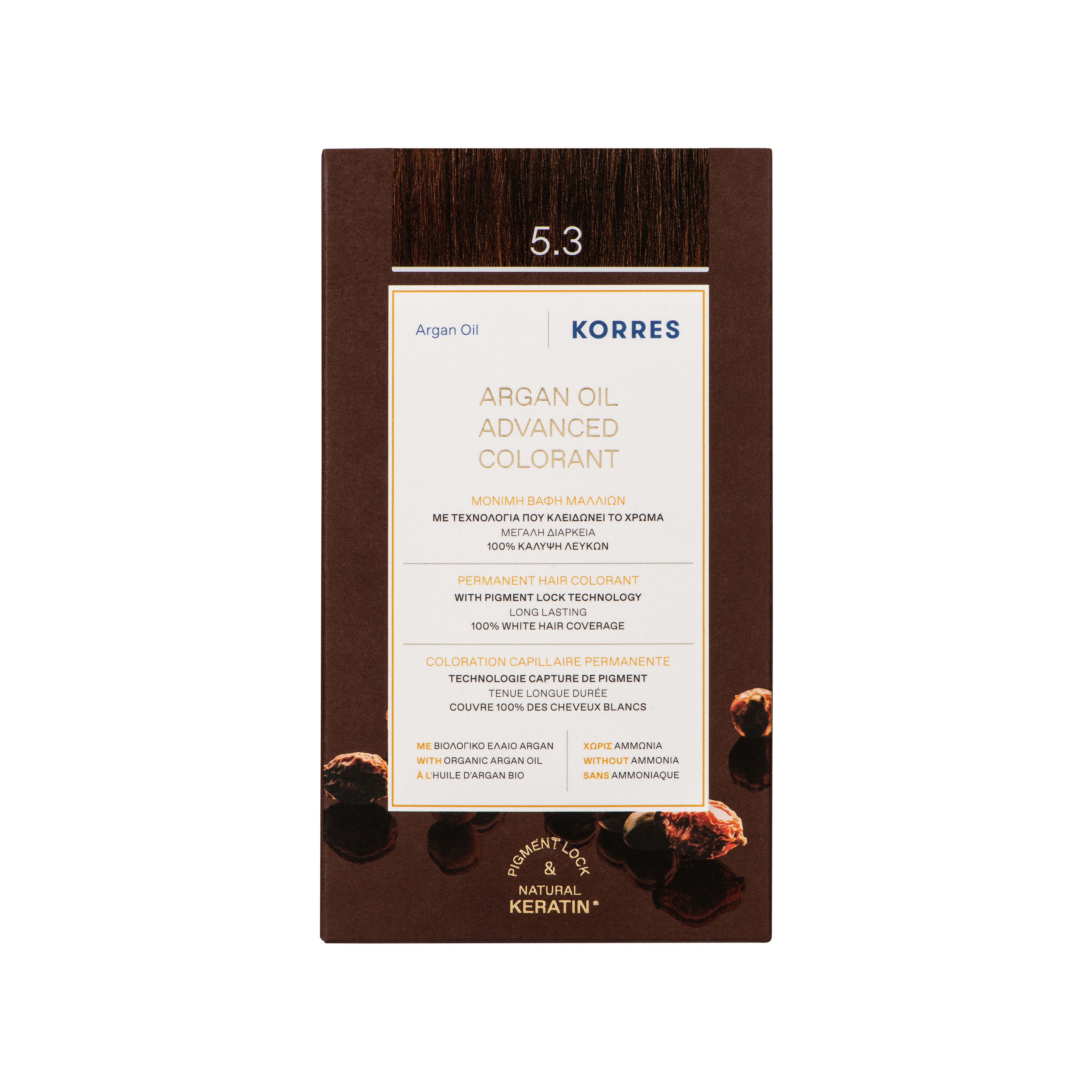 KORRES haarkleurdoos. 5.3. Opschrift: Arganolie, permanente haarkleuring, 100% grijsdekking.