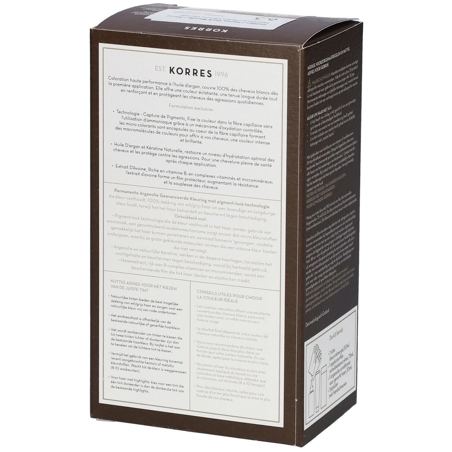 Zijkant Korres haarverfverpakking. Tekstuele productinformatie, inclusief technologie en ingrediënten.