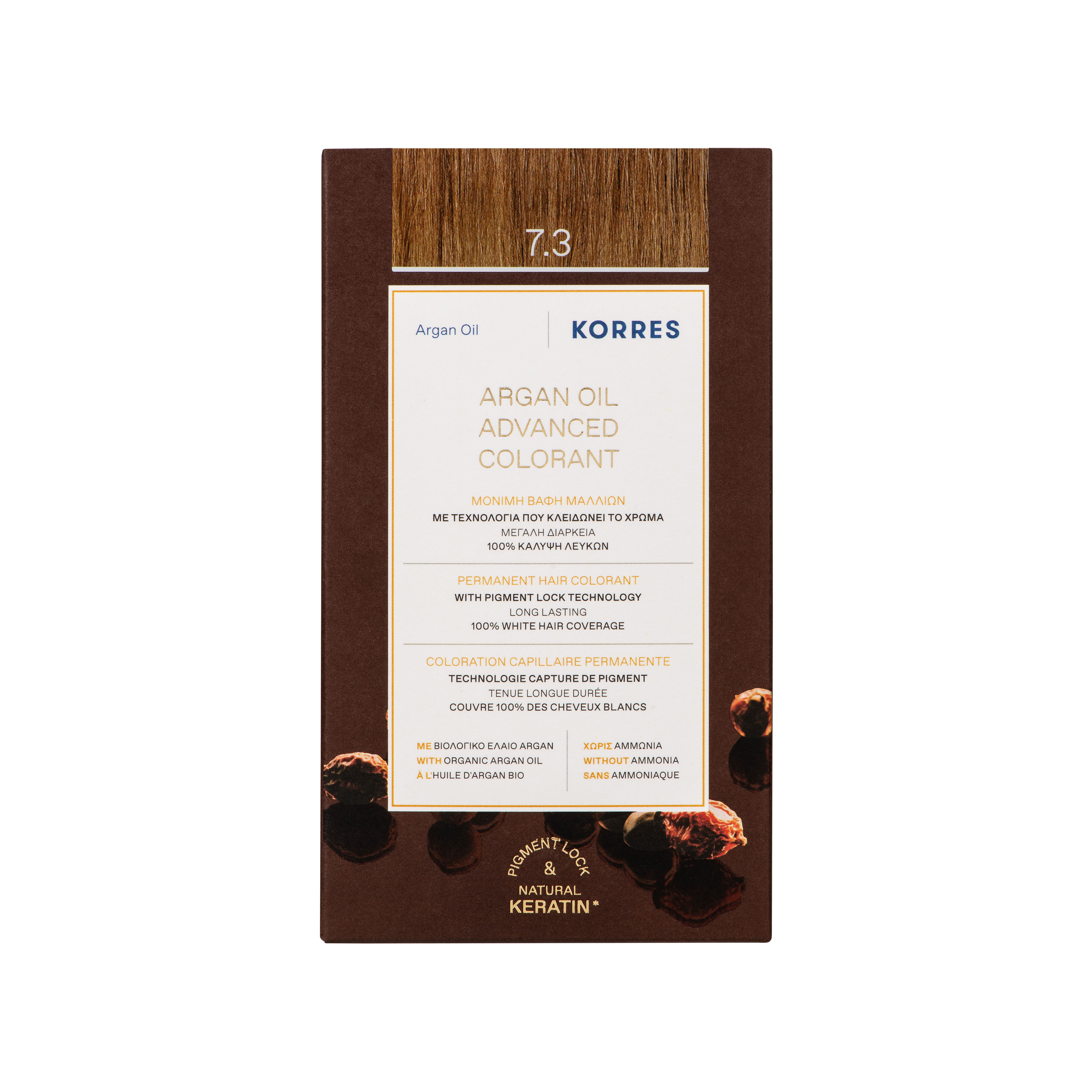 KORRES verpakking. Opschrift: 7.3, Argan Oil Advanced Colorant. Tekst in het Engels en Grieks.
