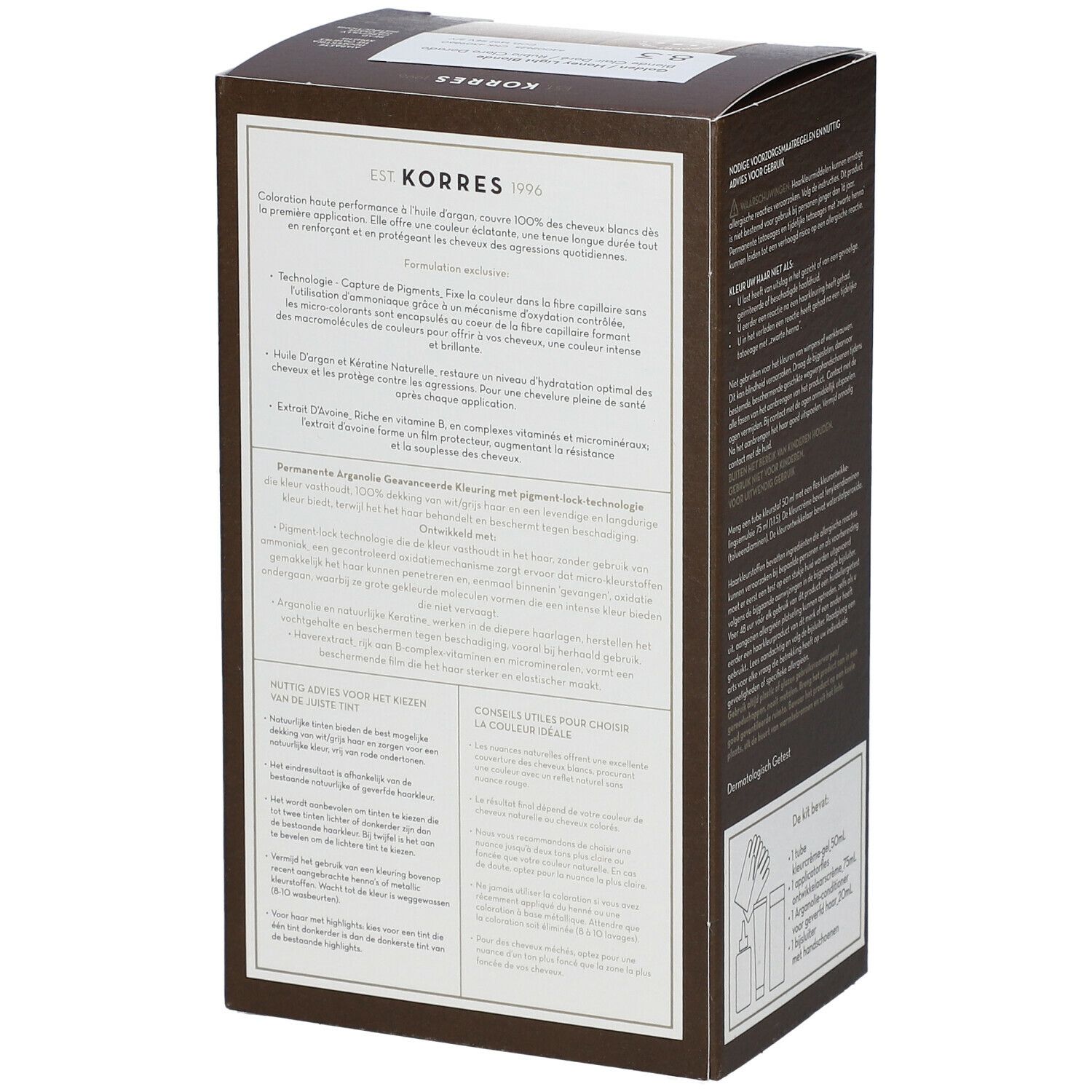 Achterkant van de haarkleurdoos. Tekst in meerdere talen. Productinformatie en ingrediënten. Dermatologisch getest.